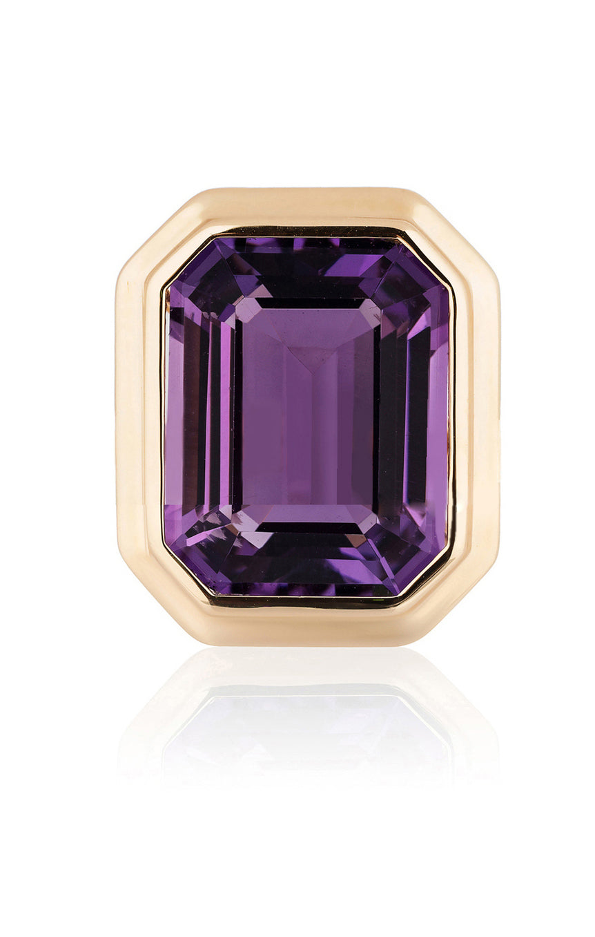 Amethyst emerald cut stud earrings in 18 karat yellow gold by fine jewelry designer Goshwara