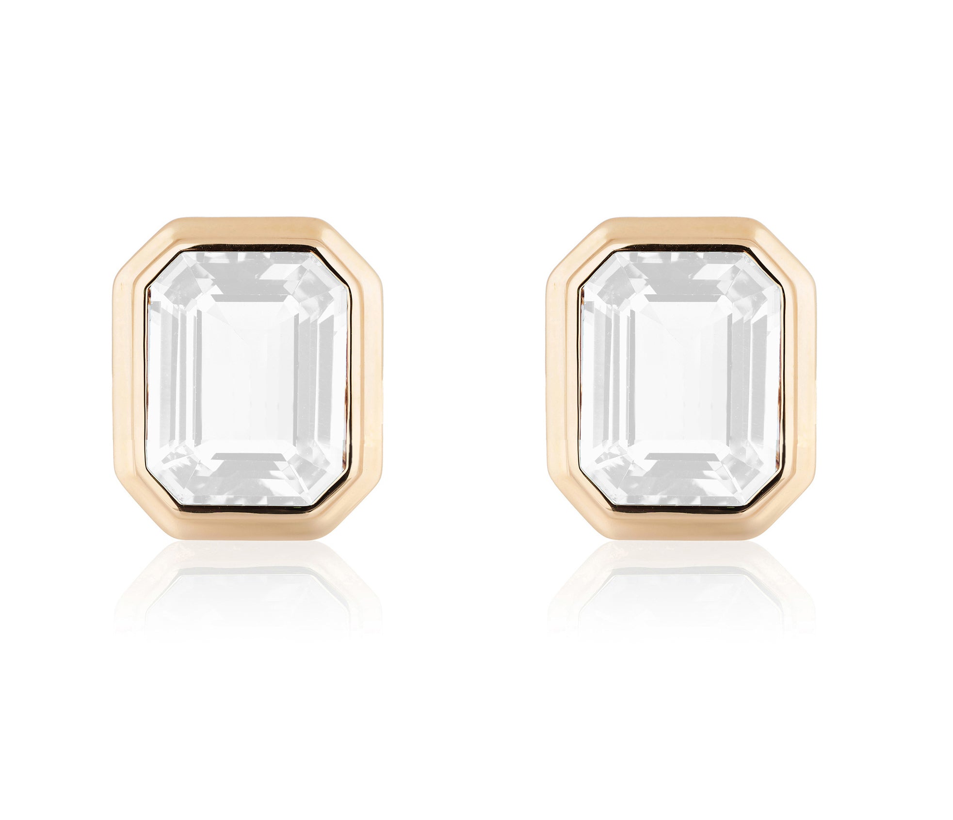 Moon Quartz emerald cut stud earrings in 18 karat yellow gold by fine jewelry designer Goshwara