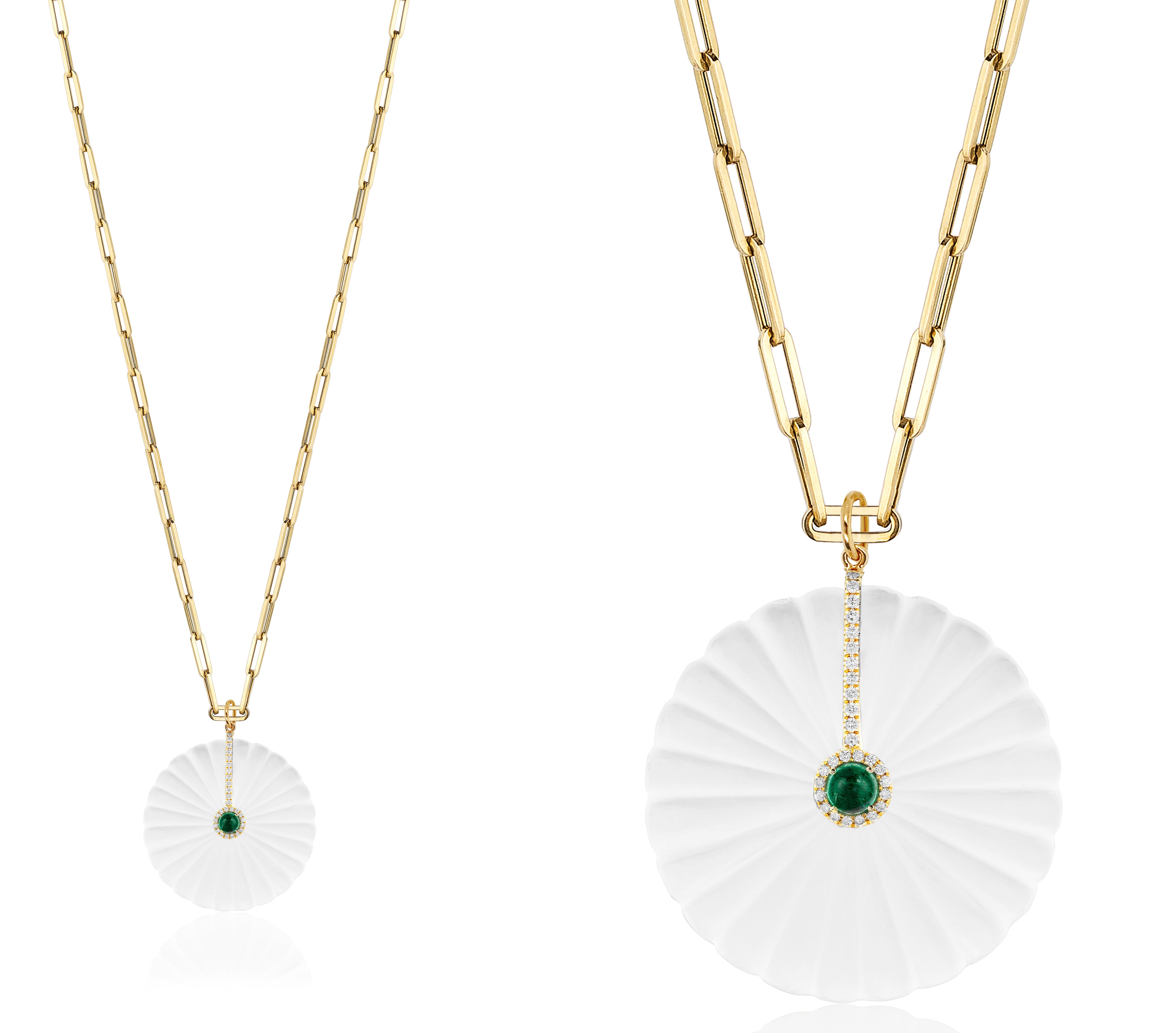 Carved diamond and emerald pendant with 18 karat gold chain by fine jewelry designer Goshwara