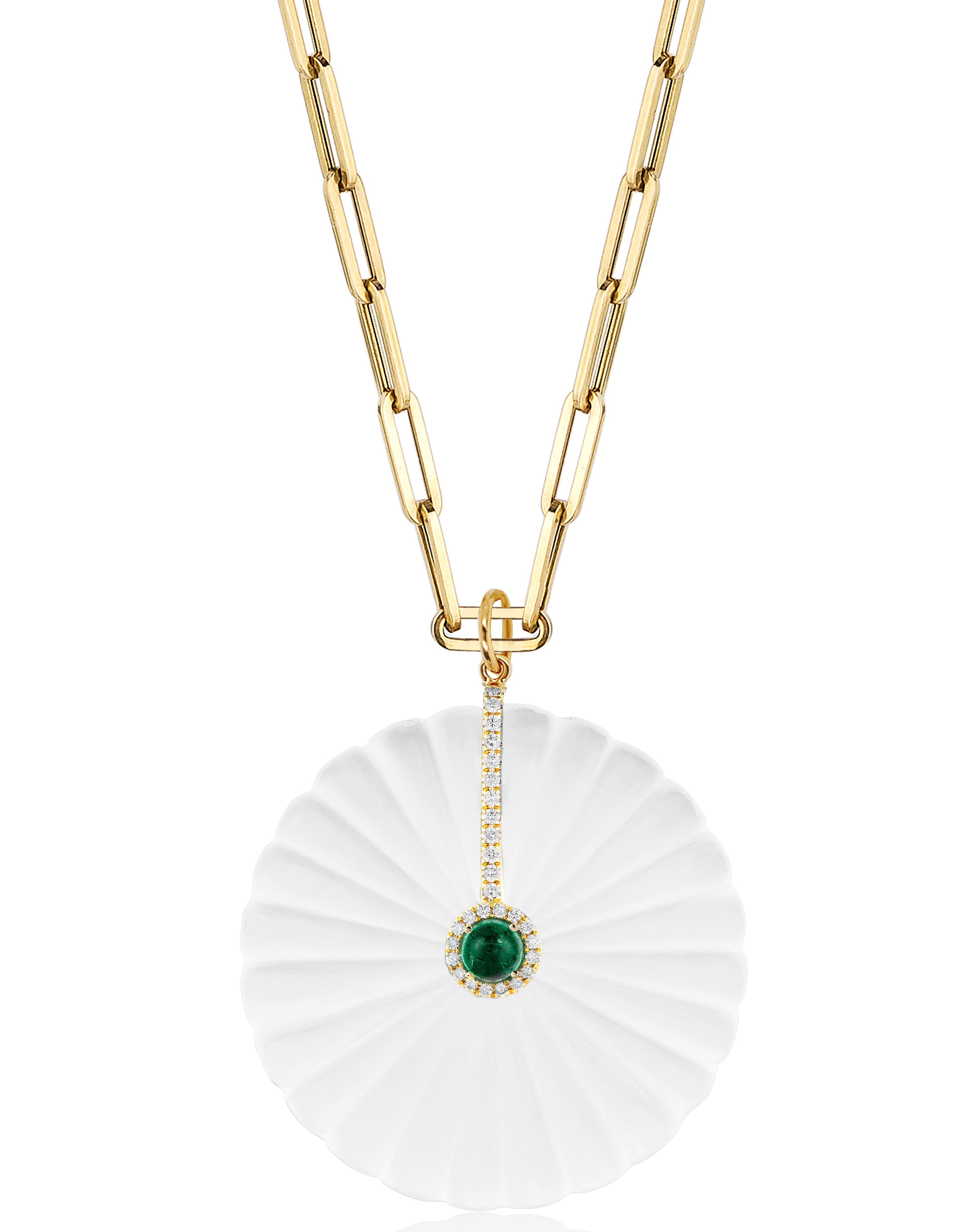 Carved diamond and emerald pendant with 18 karat gold chain by fine jewelry designer Goshwara