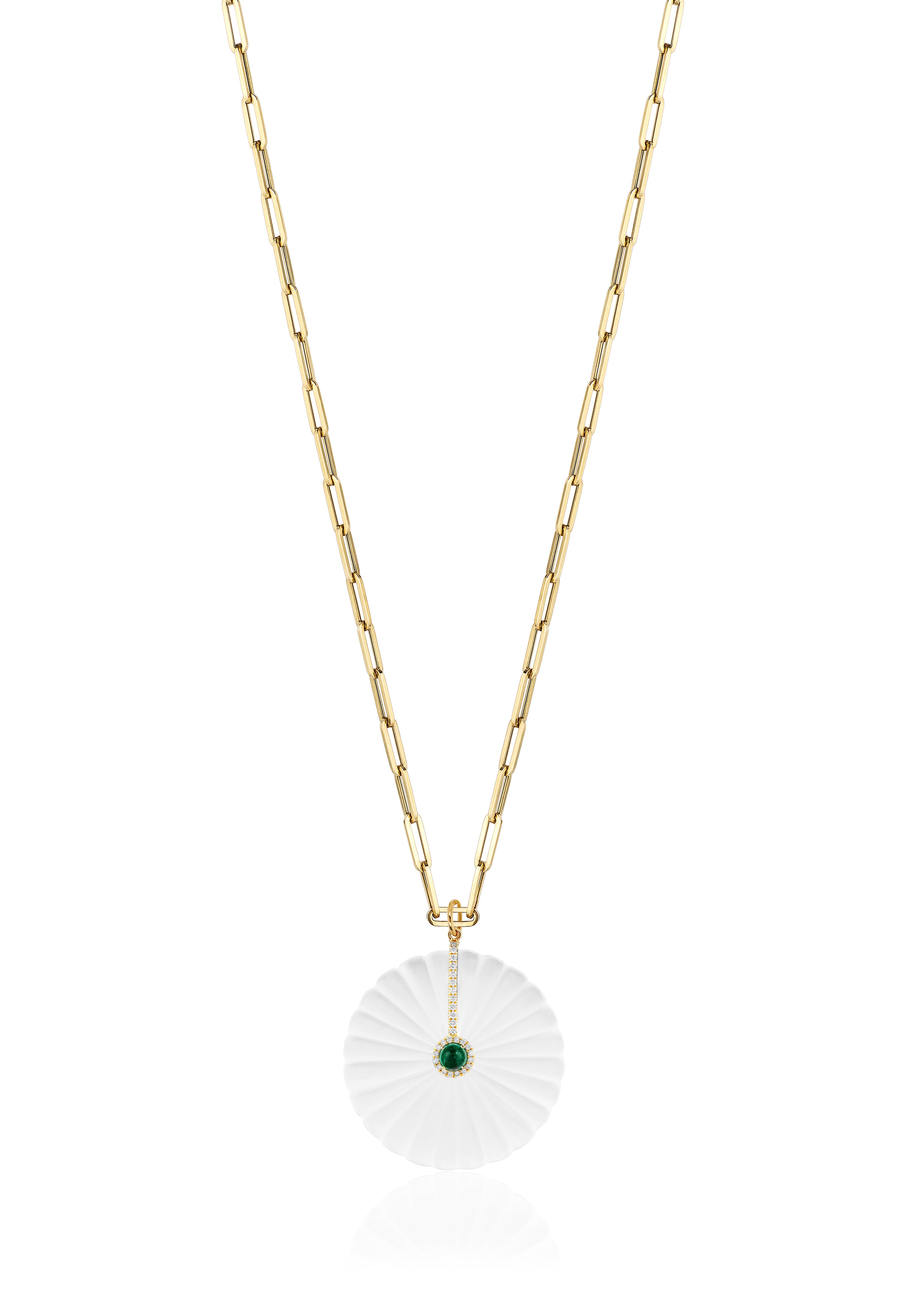 Carved diamond and emerald pendant with 18 karat gold chain by fine jewelry designer Goshwara
