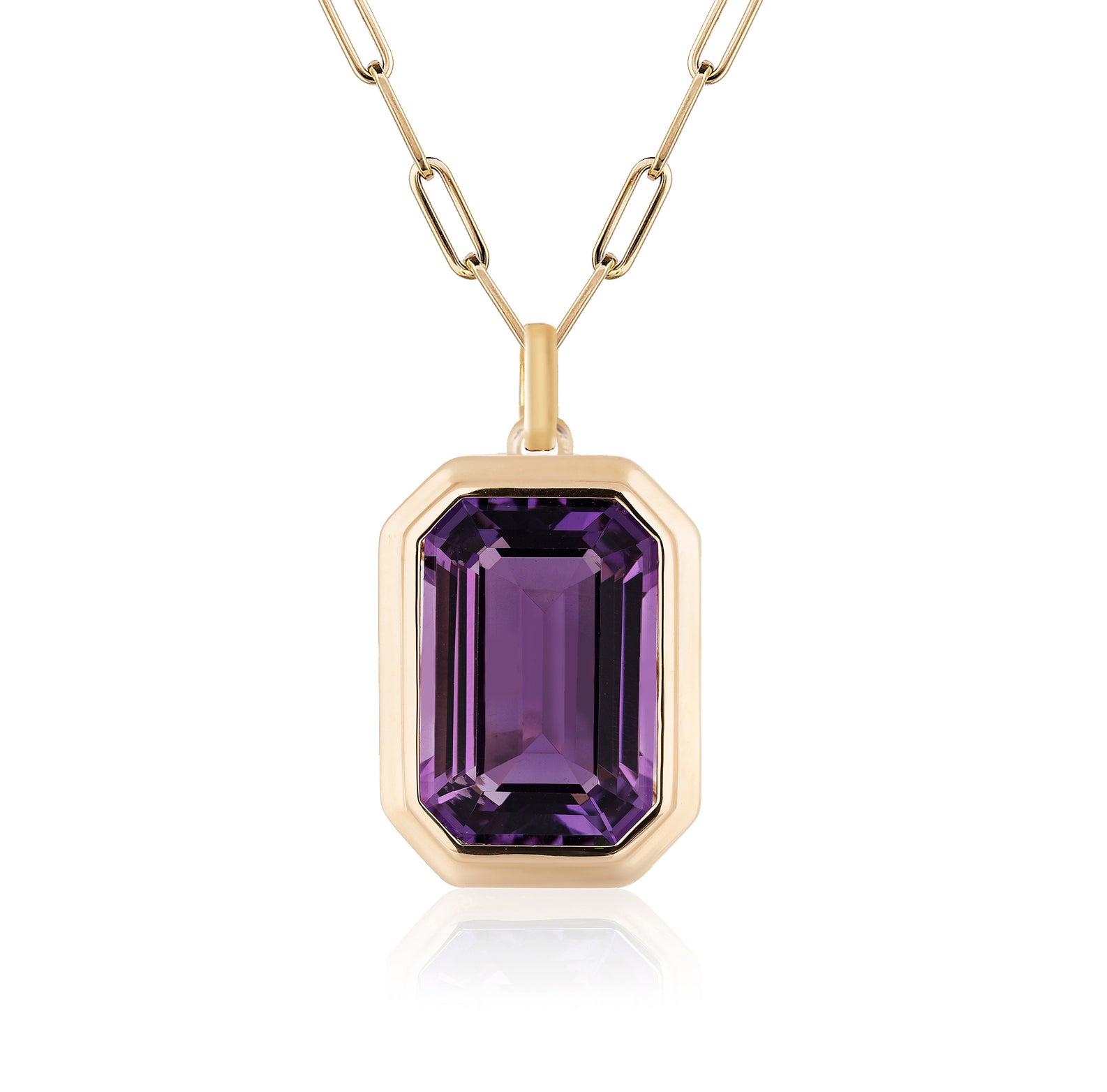 Amethyst emerald cut pendant with 18 karat gold chain by fine jewelry designer Goshwara
