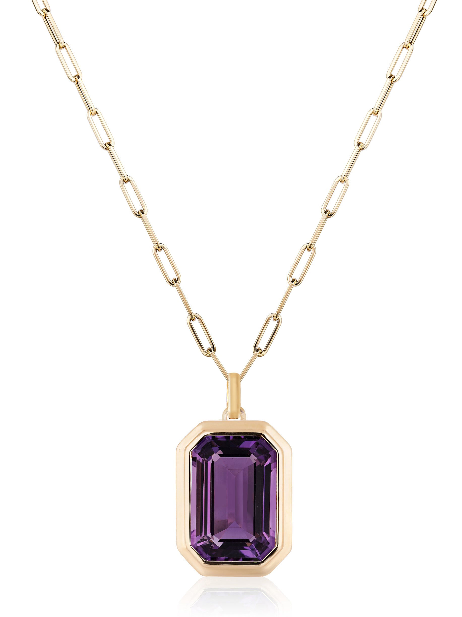 Amethyst emerald cut pendant with 18 karat gold chain by fine jewelry designer Goshwara