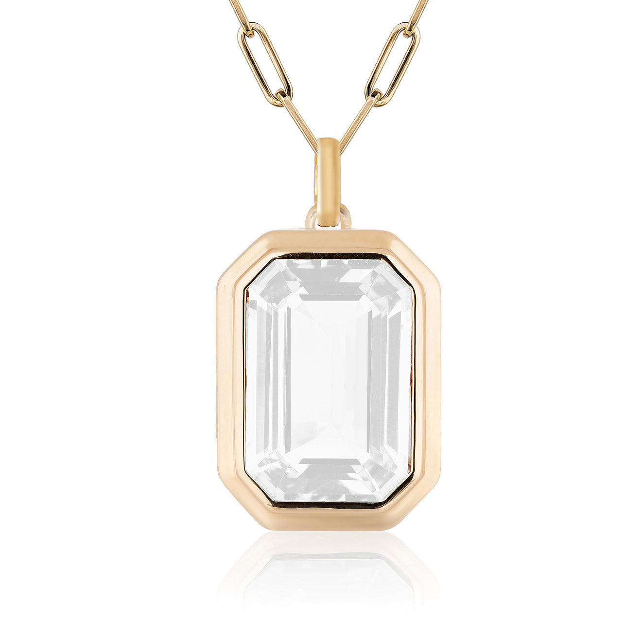 Moon Quartz emerald cut pendant with 18 karat gold chain by fine jewelry designer Goshwara