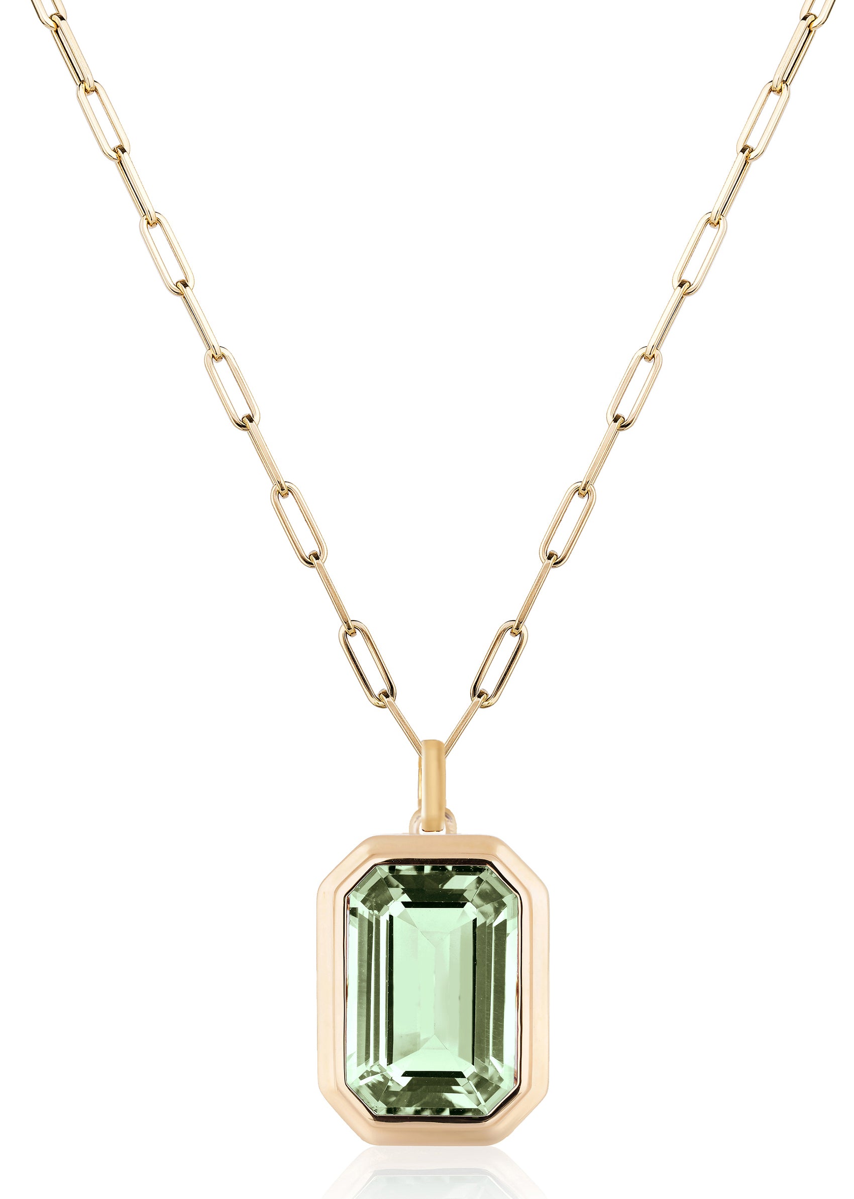 Prasiolite emerald cut pendant with 18 karat gold chain by fine jewelry designer Goshwara