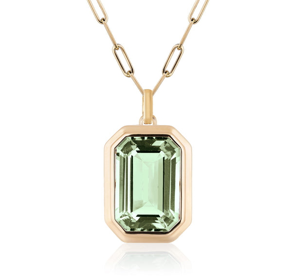 Prasiolite emerald cut pendant with 18 karat gold chain by fine jewelry designer Goshwara