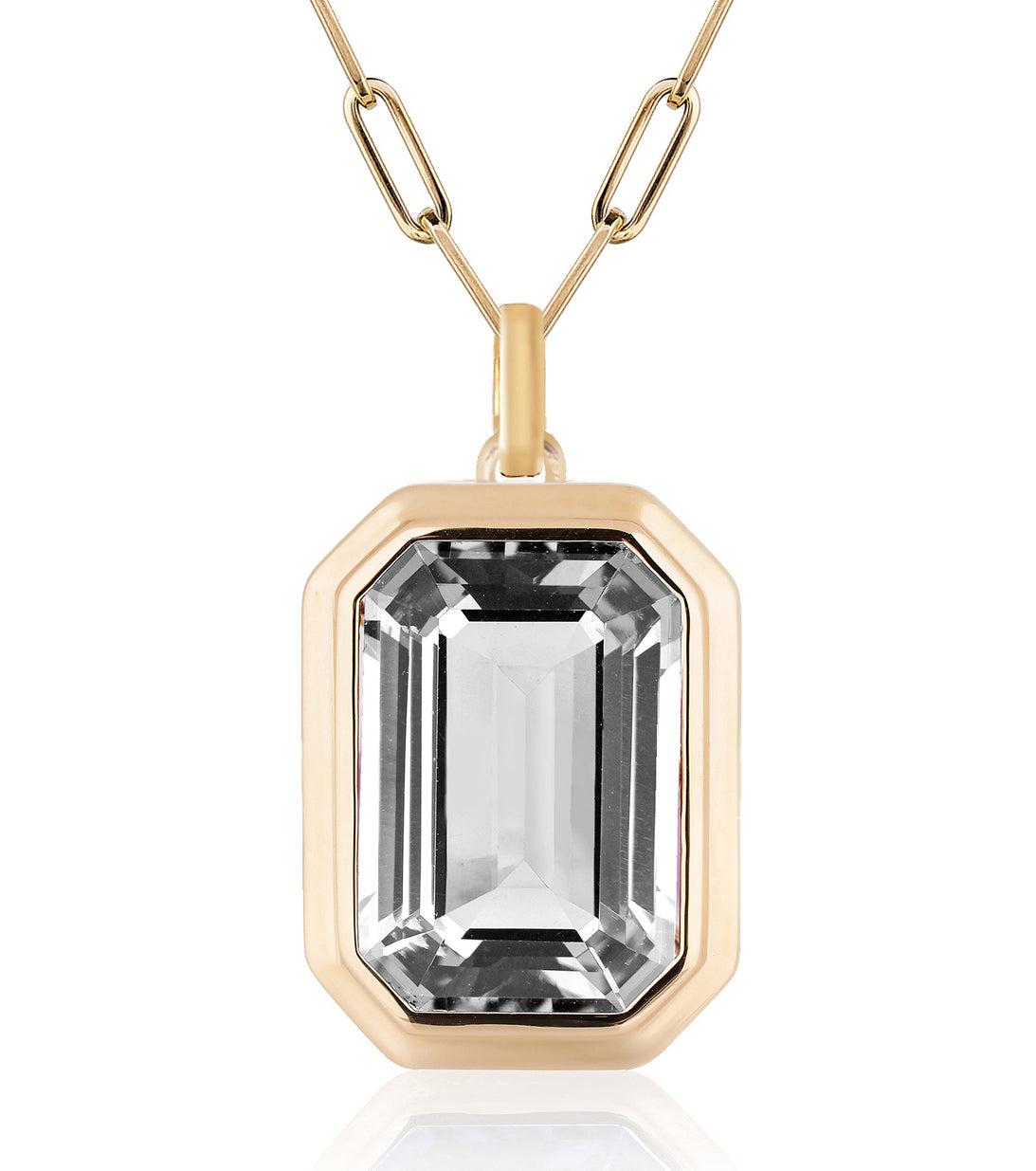 Rock Crystal emerald cut pendant with 18 karat gold chain by fine jewelry designer Goshwara