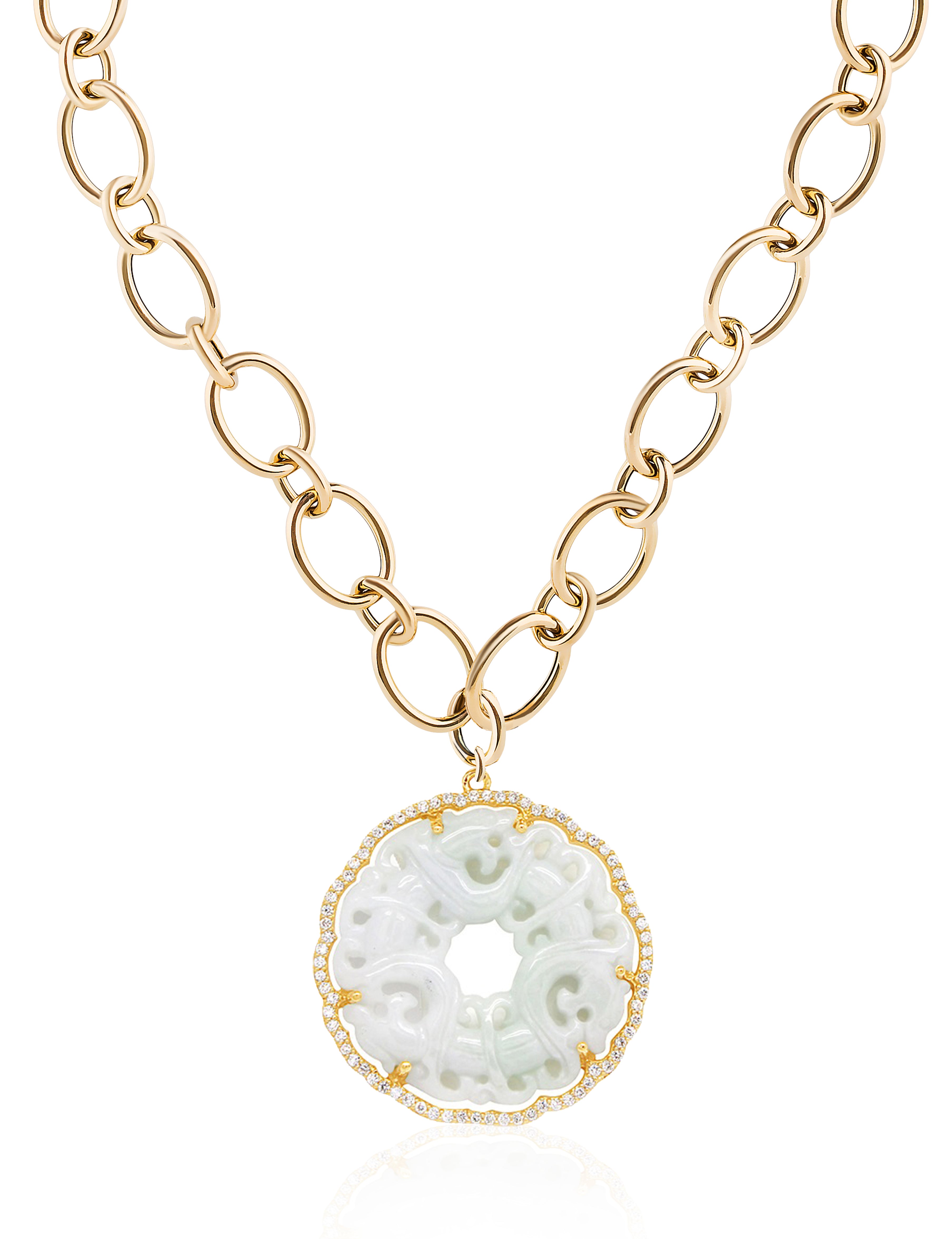 White Jade pendant with Diamond and 18 karat yellow gold chain by fine jewelry designer Goshwara