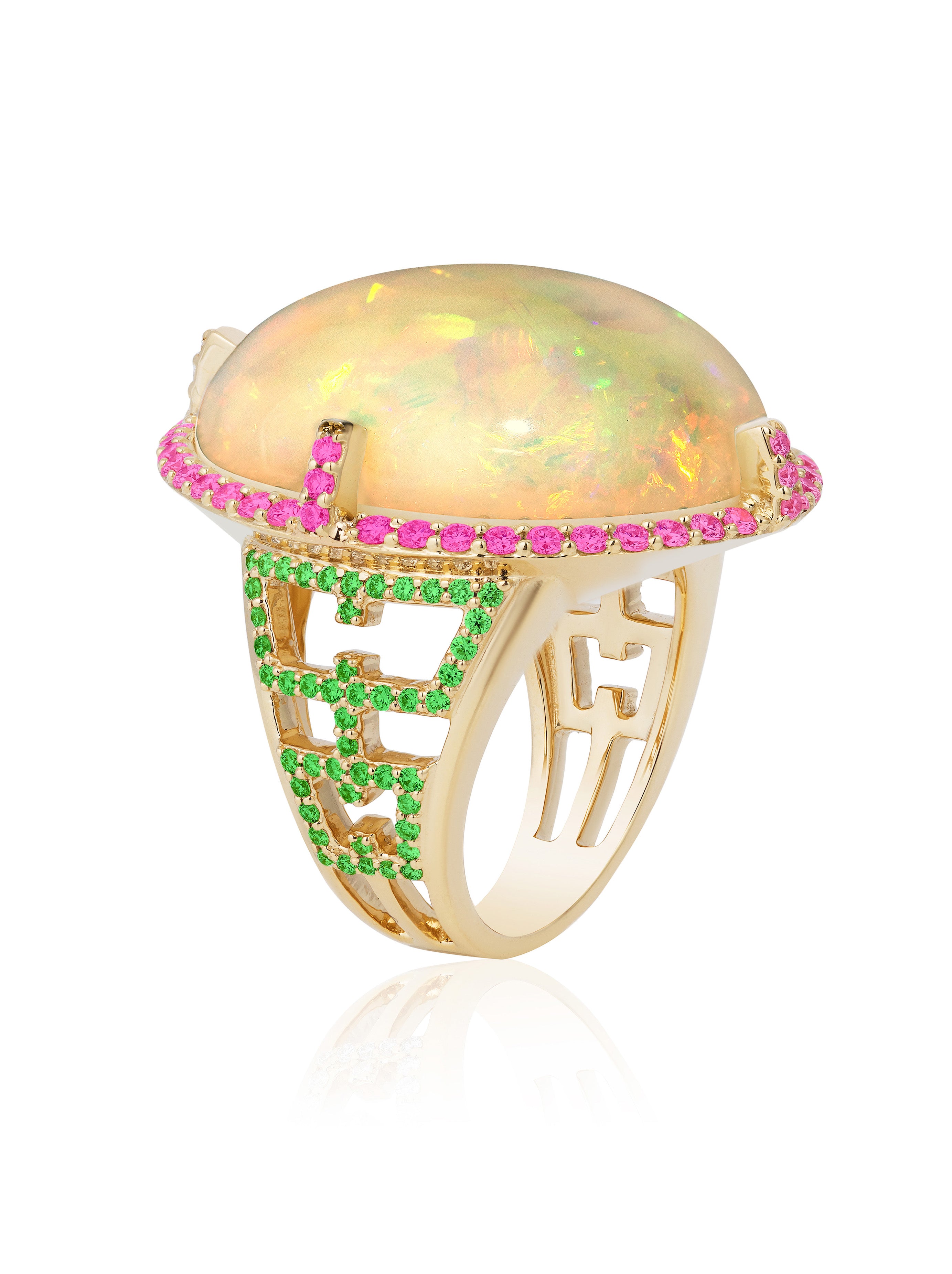Opal cab ring with Pink Sapphire and Tsavorite in 18 karat yellow gold by fine jewelry designer Goshwara