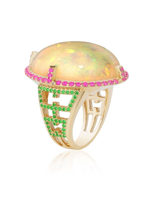 Opal cab ring with Pink Sapphire and Tsavorite in 18 karat yellow gold by fine jewelry designer Goshwara