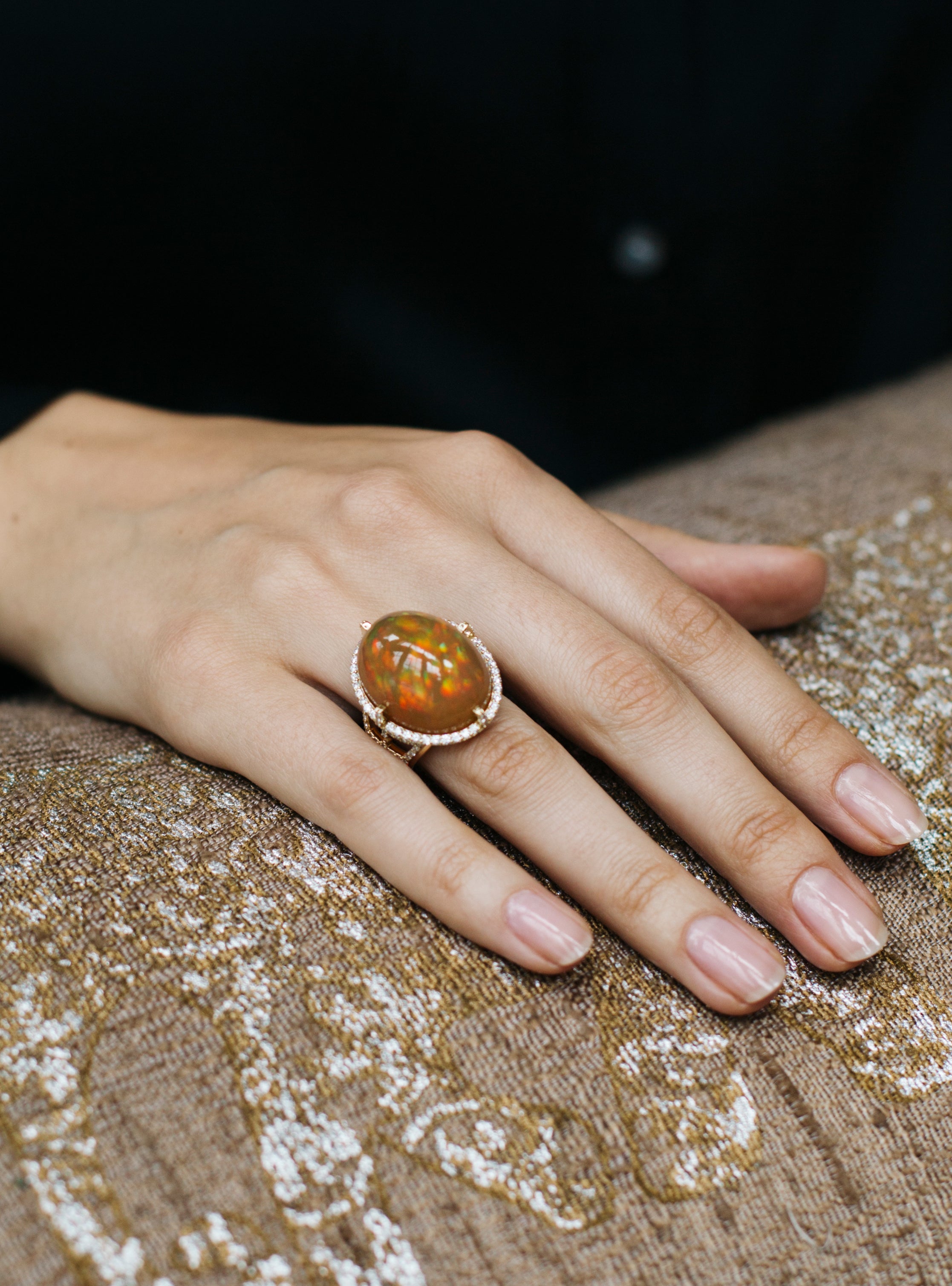 Brown Opal oval cab ring with Diamonds in 18 karat yellow gold by fine jewelry designer Goshwara