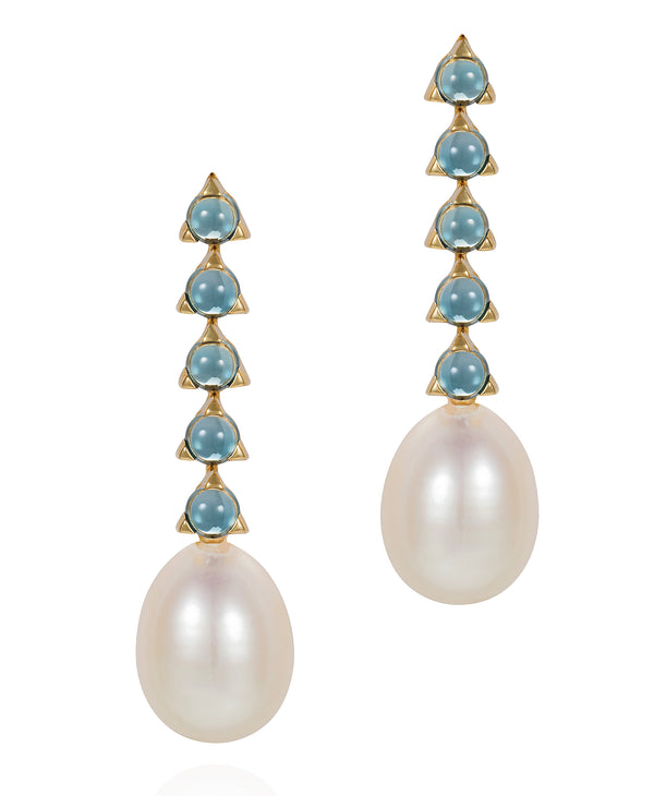 18 karat gold London Blue Topaz and White Baroque Pearls drop earrings by fine jewelry designer Maviada