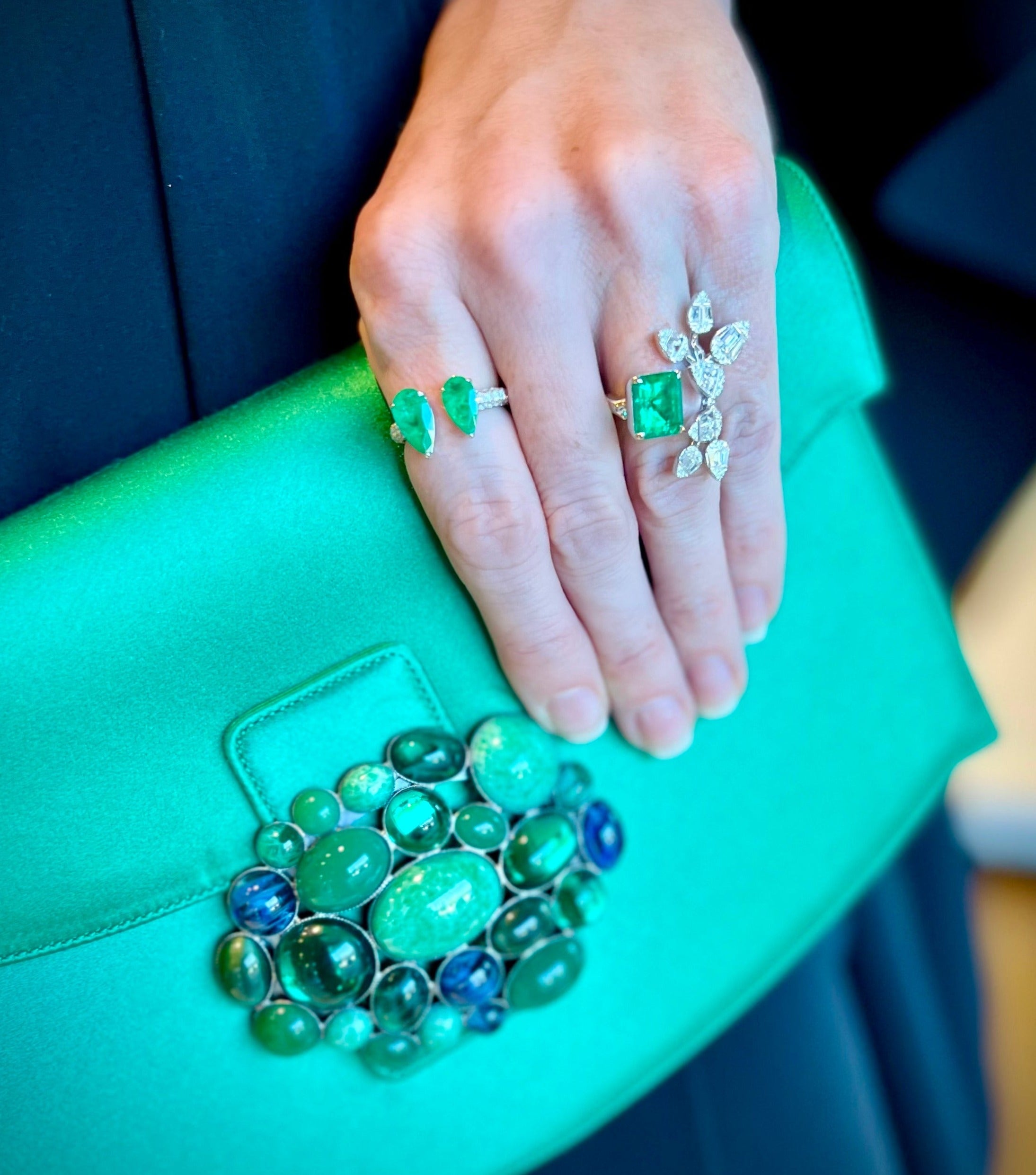 Open emerald and diamond ring by award winning fine jewelry designer  Graziela Gems