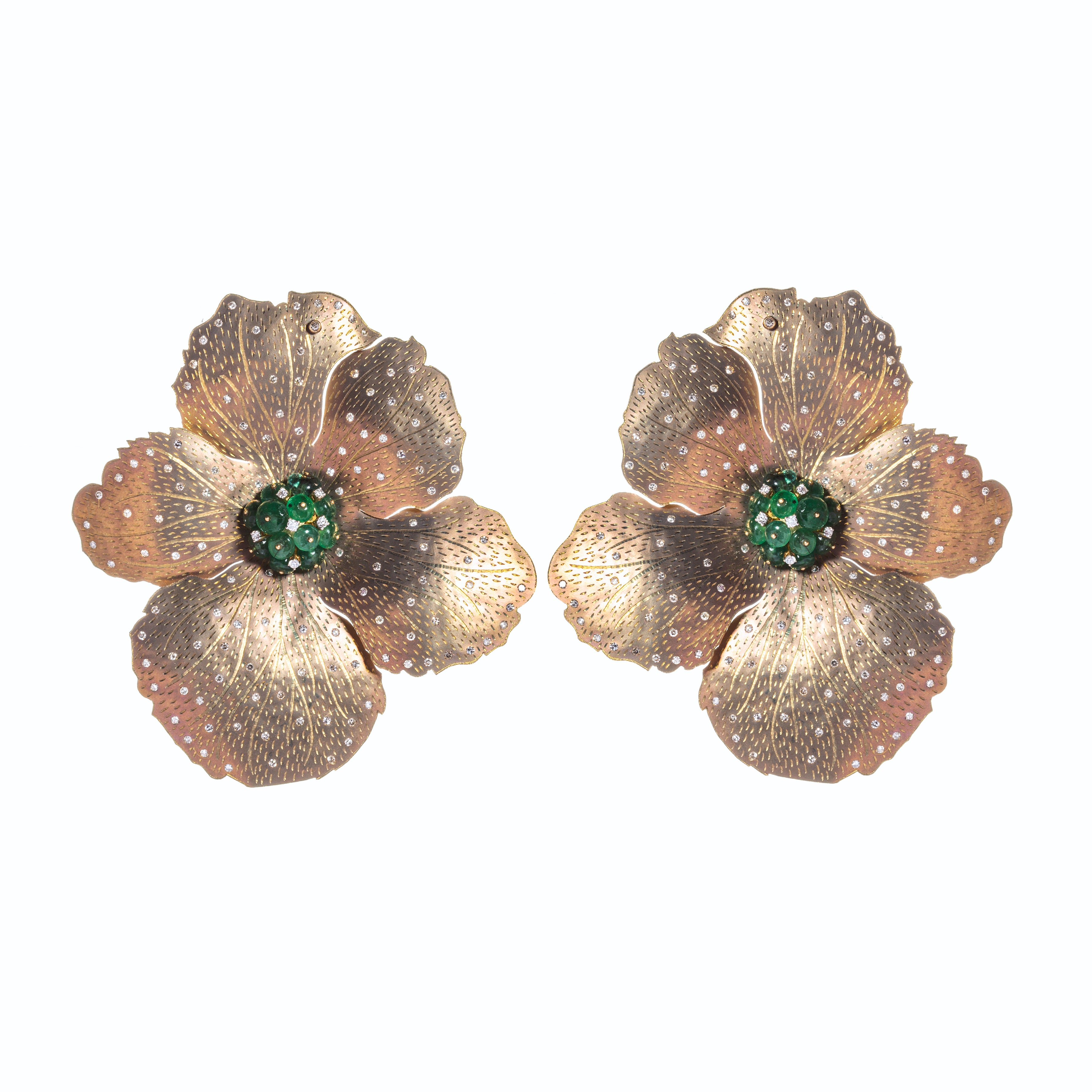 18 karat gold and titanium flower earrings with emerald and scattered diamonds by fine jewelry designer ESTAA