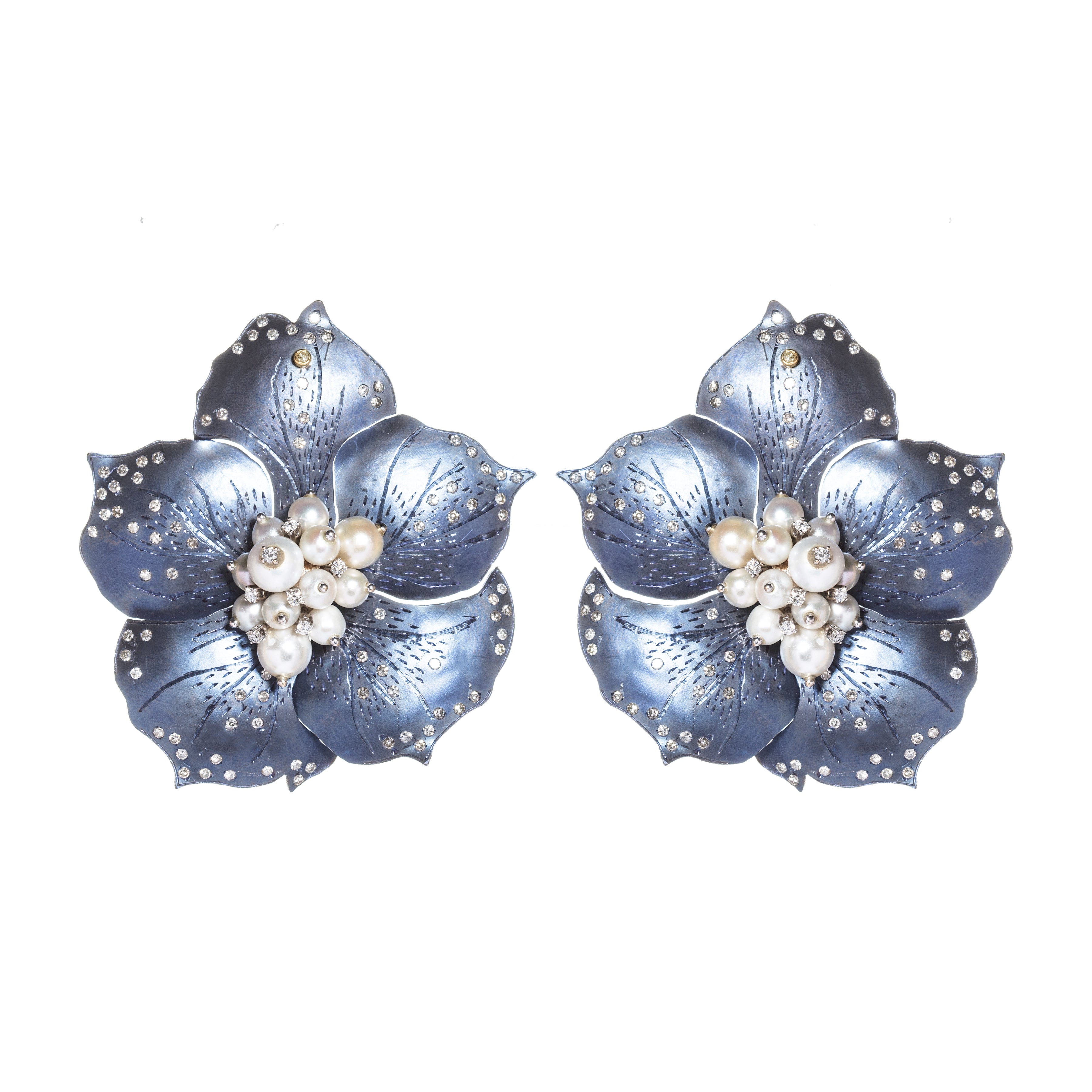 Titanium, Pearl, Diamond Flower Earring by fine jewelry designer ESTAA. A wearable art jewel.
