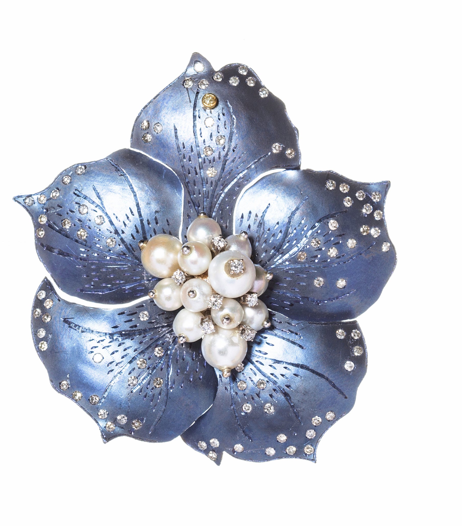 Titanium, Pearl, Diamond Flower Earring by fine jewelry designer ESTAA. A wearable art jewel.