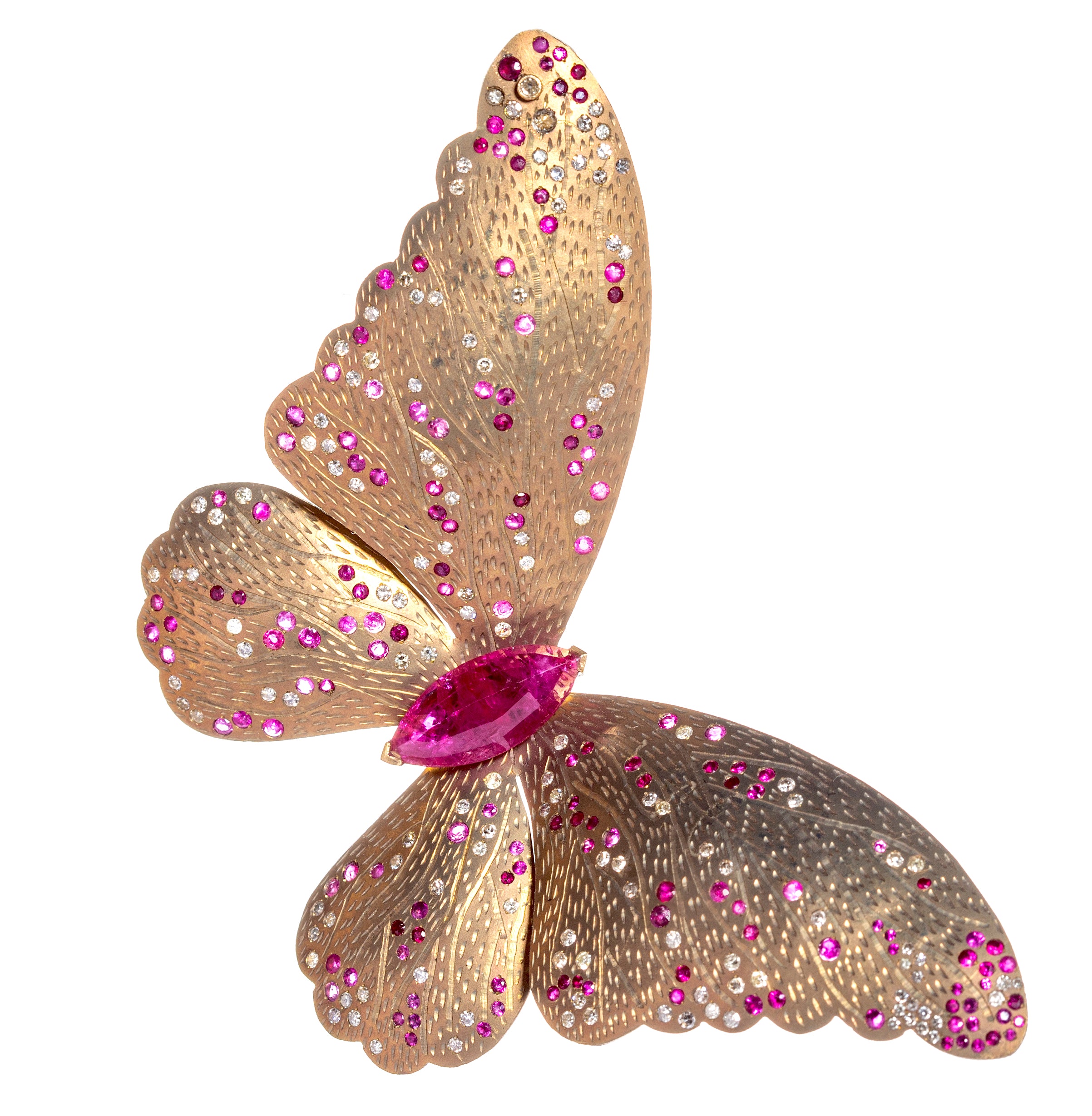 Titanium Butterfly earring with Rubies and Diamonds in 18 karat gold by fine jewelry designer ESTAA