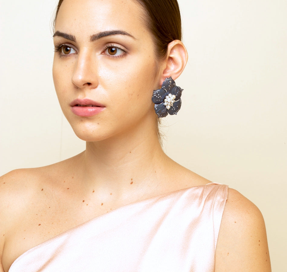 Titanium, Pearl, Diamond Flower Earring by fine jewelry designer ESTAA. A wearable art jewel.