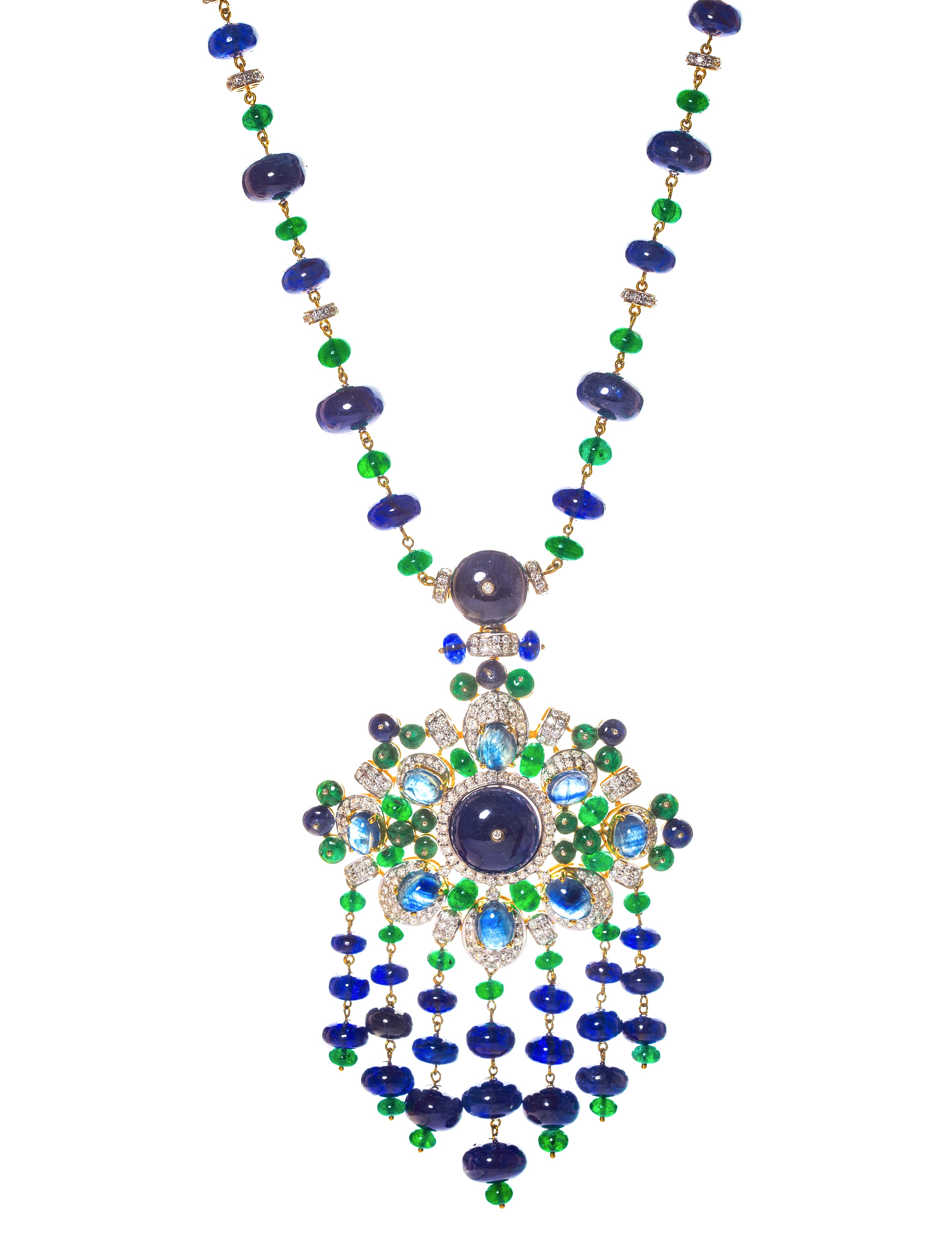 Unique Heirloom. 18k gold necklace with diamond, emerald and sapphire by fine jewelry designer ESTAA.