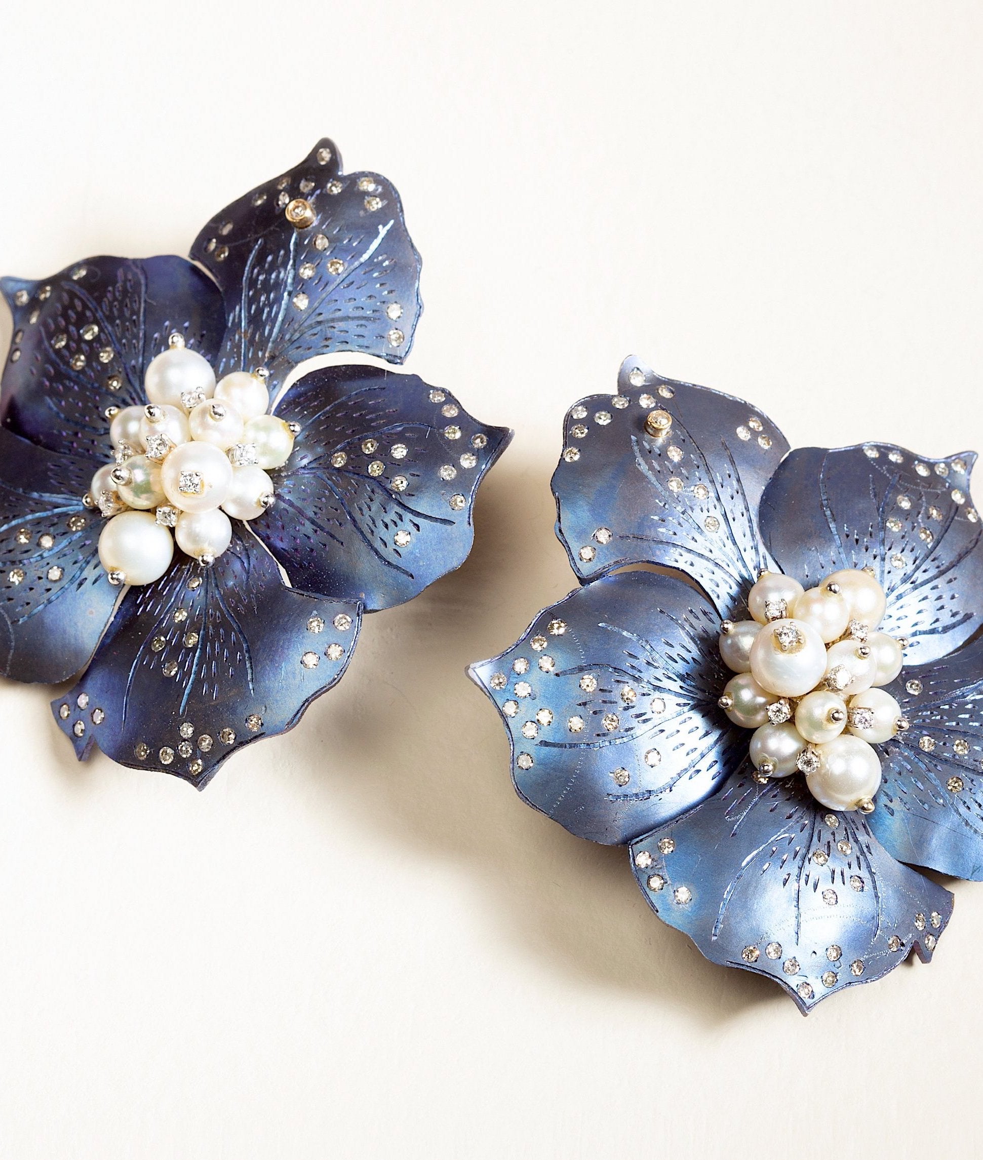 Titanium, Pearl, Diamond Flower Earring by fine jewelry designer ESTAA. A wearable art jewel.