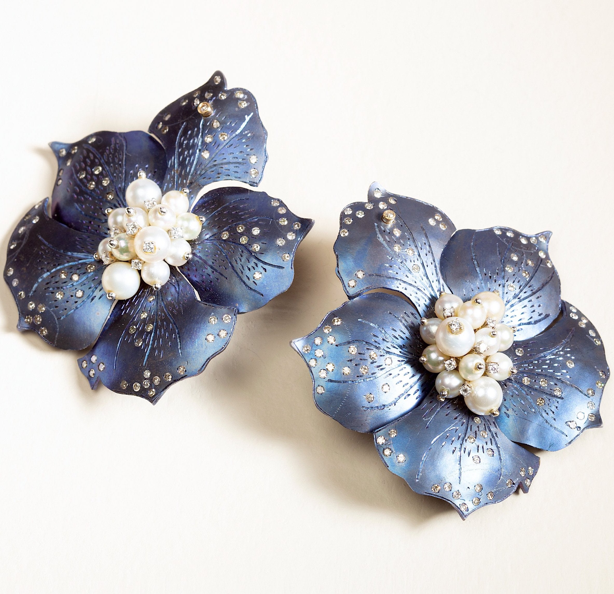Titanium, Pearl, Diamond Flower Earring by fine jewelry designer ESTAA. A wearable art jewel.