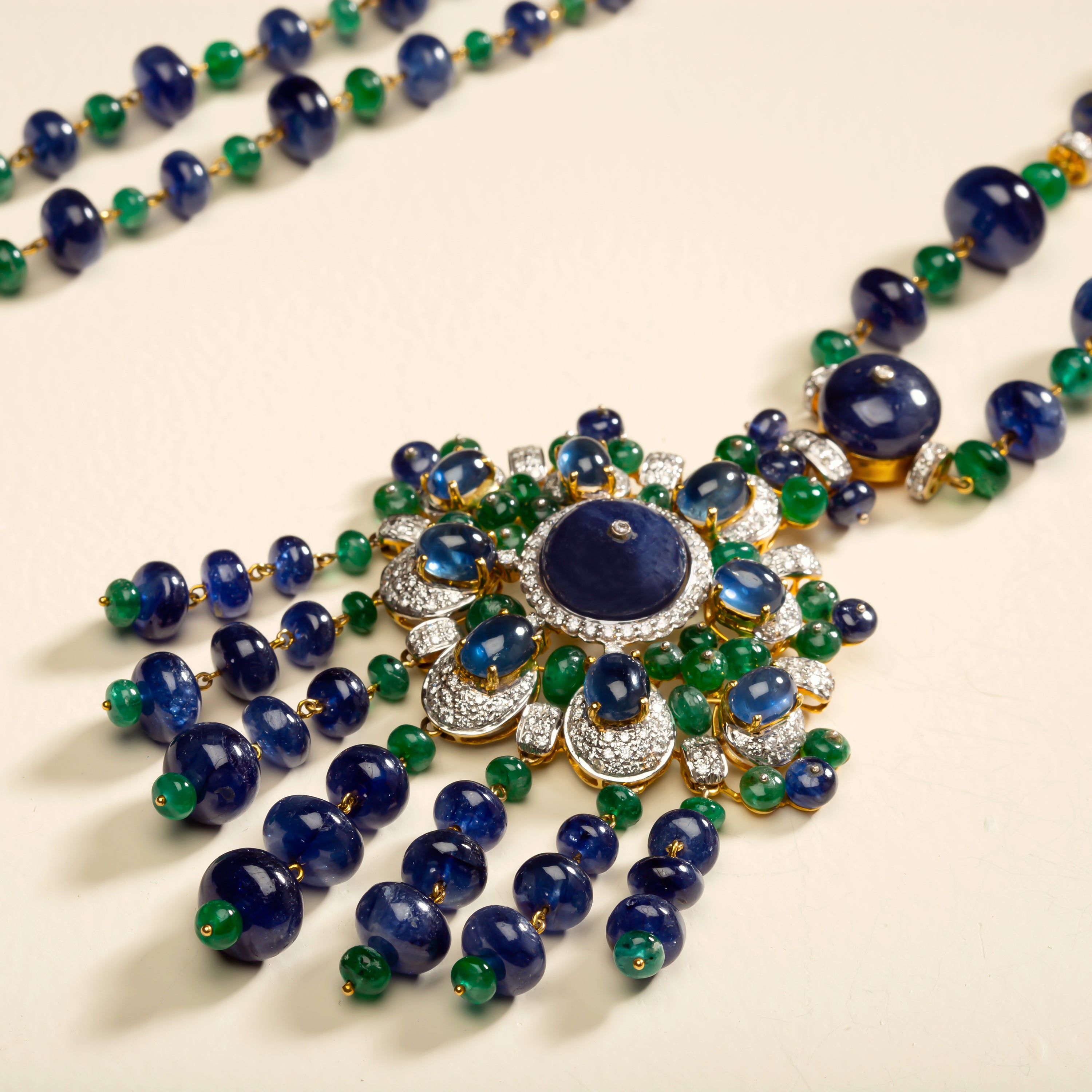 Unique Heirloom. 18k gold necklace with diamond, emerald and sapphire by fine jewelry designer ESTAA.