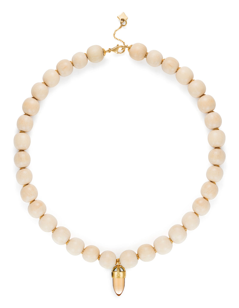 18 karat gold, Sustainable Wooden Bead Necklace with Champagne color Quartz, by fine jewelry designer Maviada