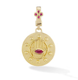 18 karat gold and ruby hamsa pendant by fine jewelry designer Orly Marcel