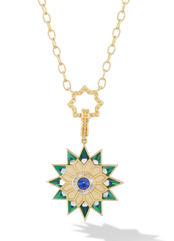 Malachite and mother of pearl pendant with 24" gold chain by fine jewelry designer Orly Marcel