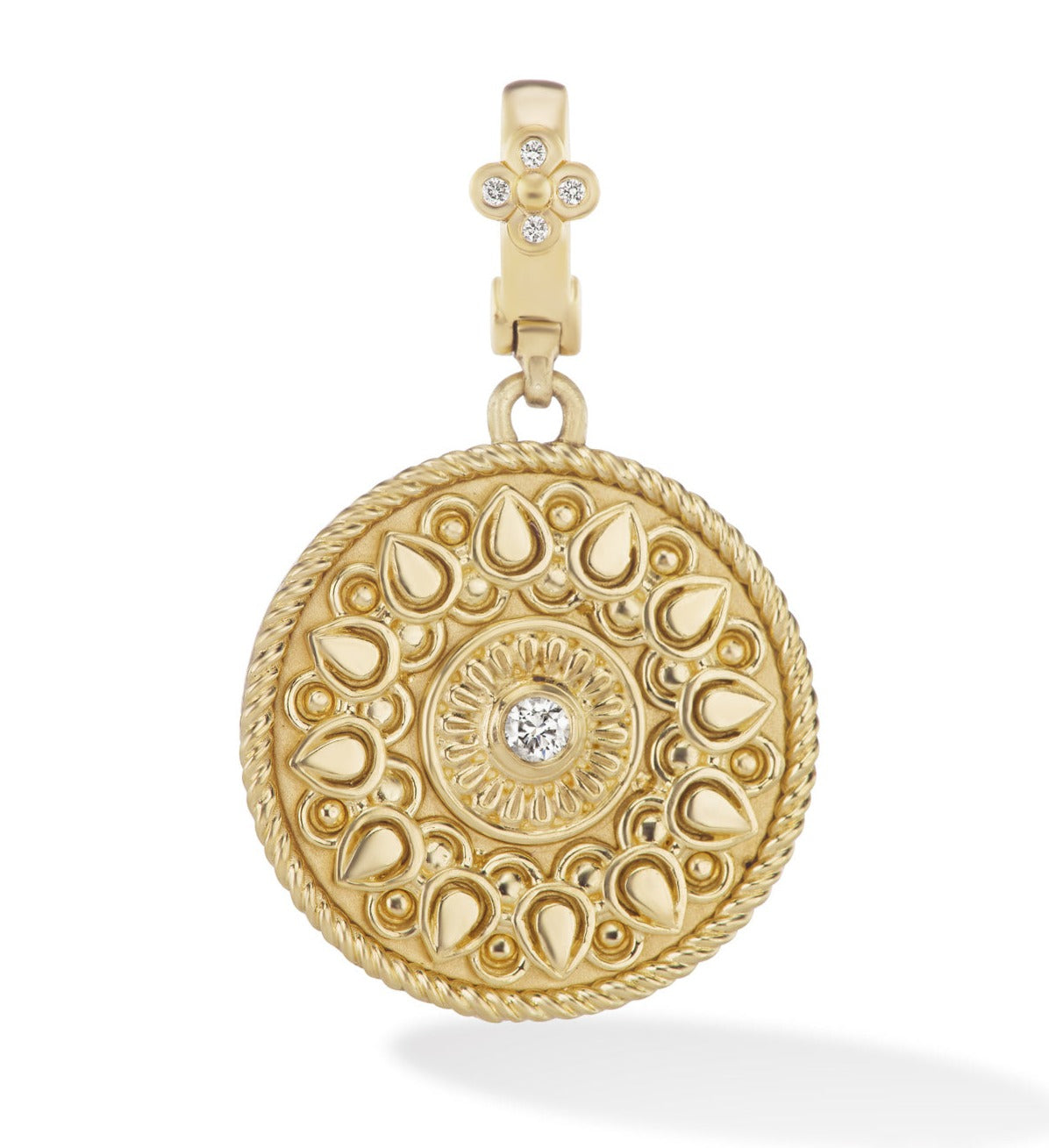 18 karat gold Mandala pendant with diamond by spiritual fine jewelry designer Orly Marcel.