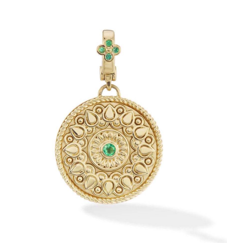 18 karat gold Mandala pendant with emerald by spiritual fine jewelry designer Orly Marcel.