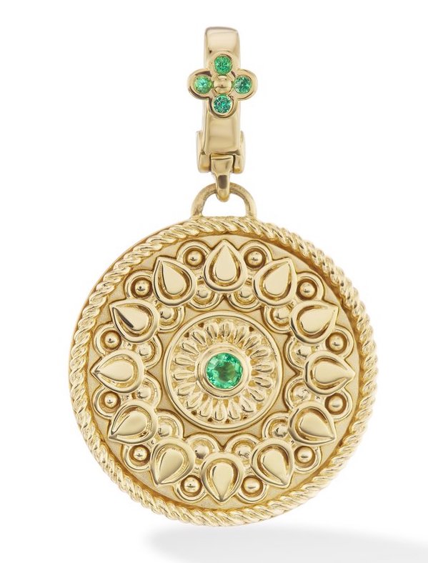 18 karat gold Mandala pendant with emerald by spiritual fine jewelry designer Orly Marcel.