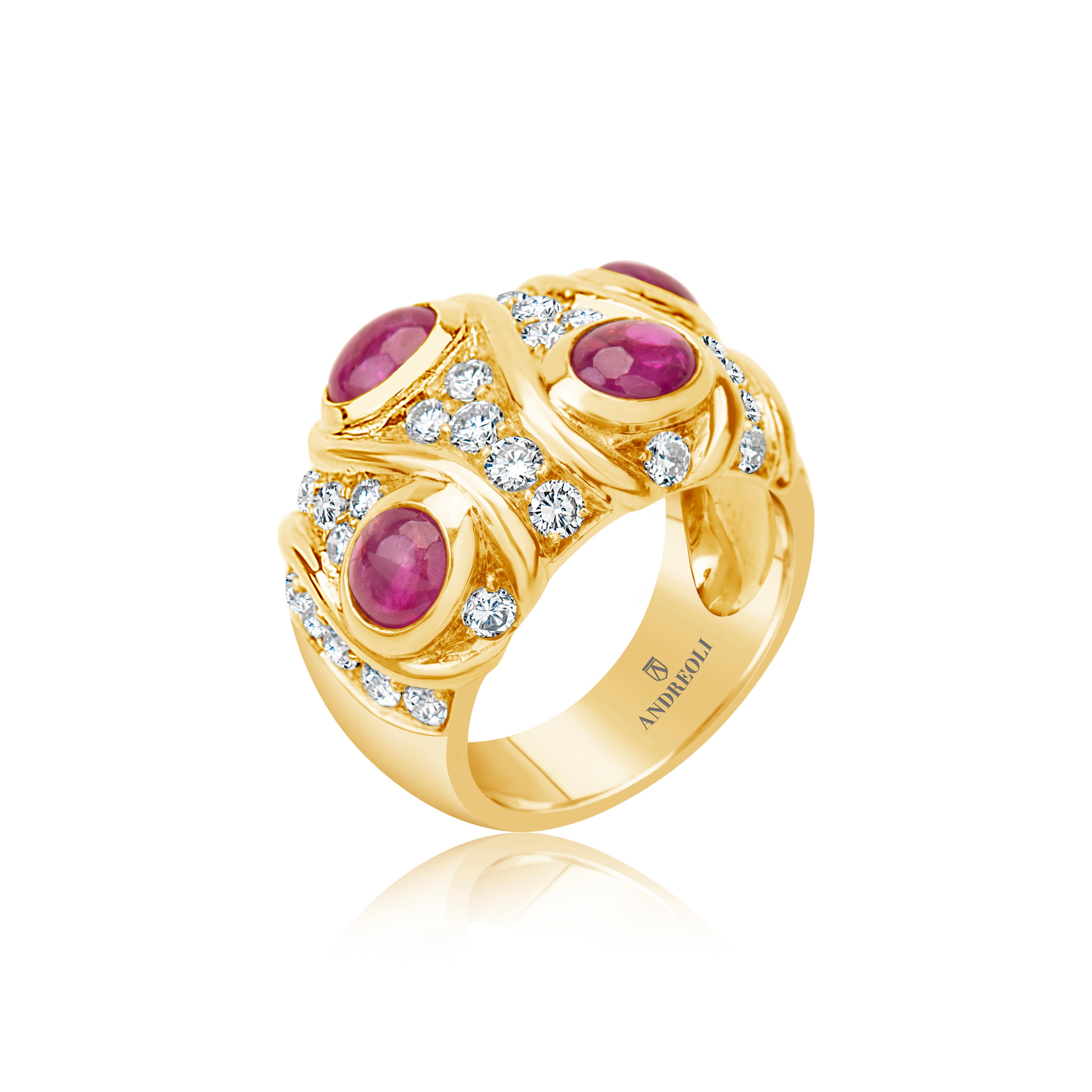 18 karat gold ruby cabochon, round brillant cut diamonds ring by American purveyor of haute joaillerie Andreoli