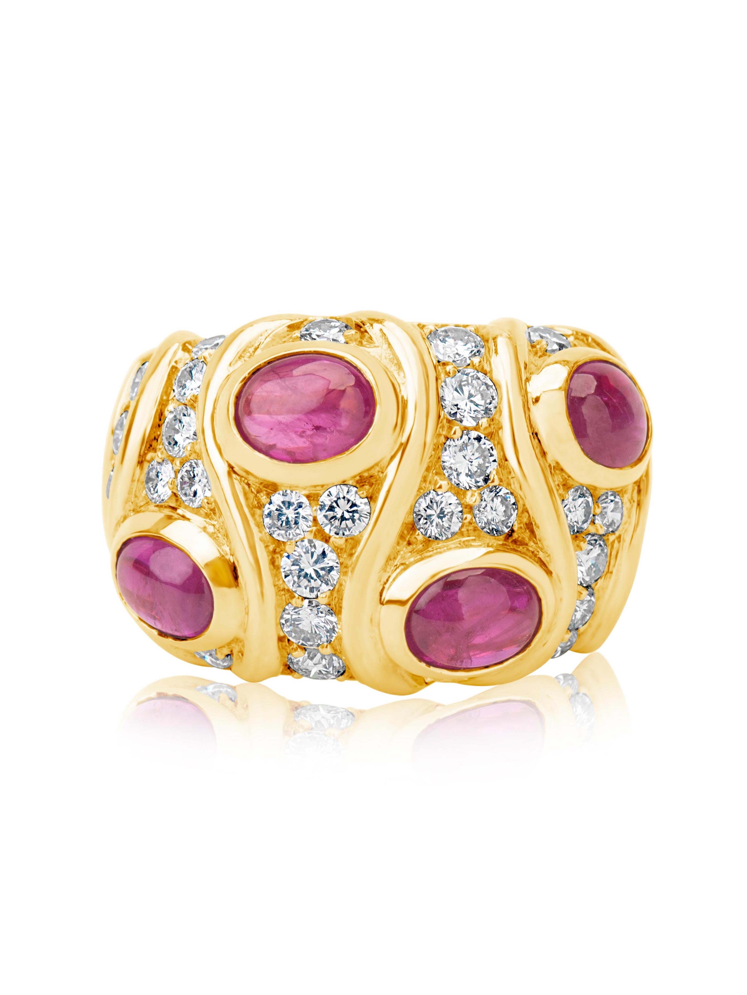 18 karat gold ruby cabochon, round brillant cut diamonds ring by American purveyor of haute joaillerie Andreoli