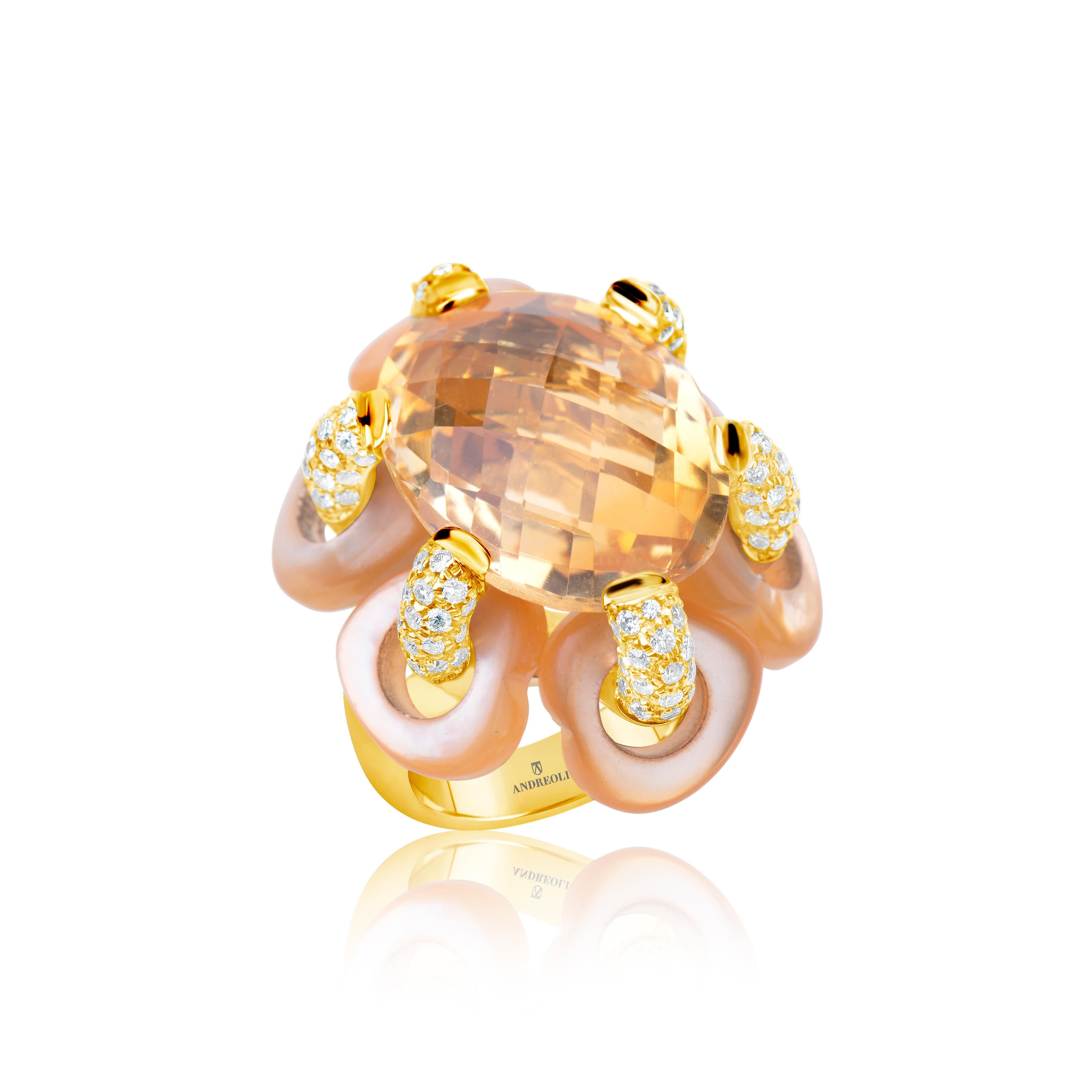18 karat gold citrine and mother of pearl flower ring by American purveyor of haute joaillerie Andreoli