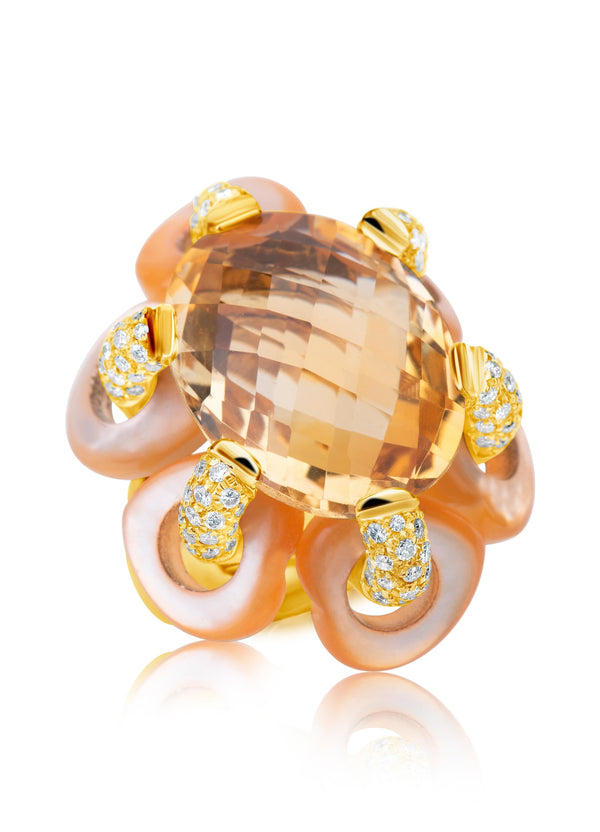 18 karat gold citrine and mother of pearl flower ring by American purveyor of haute joaillerie Andreoli