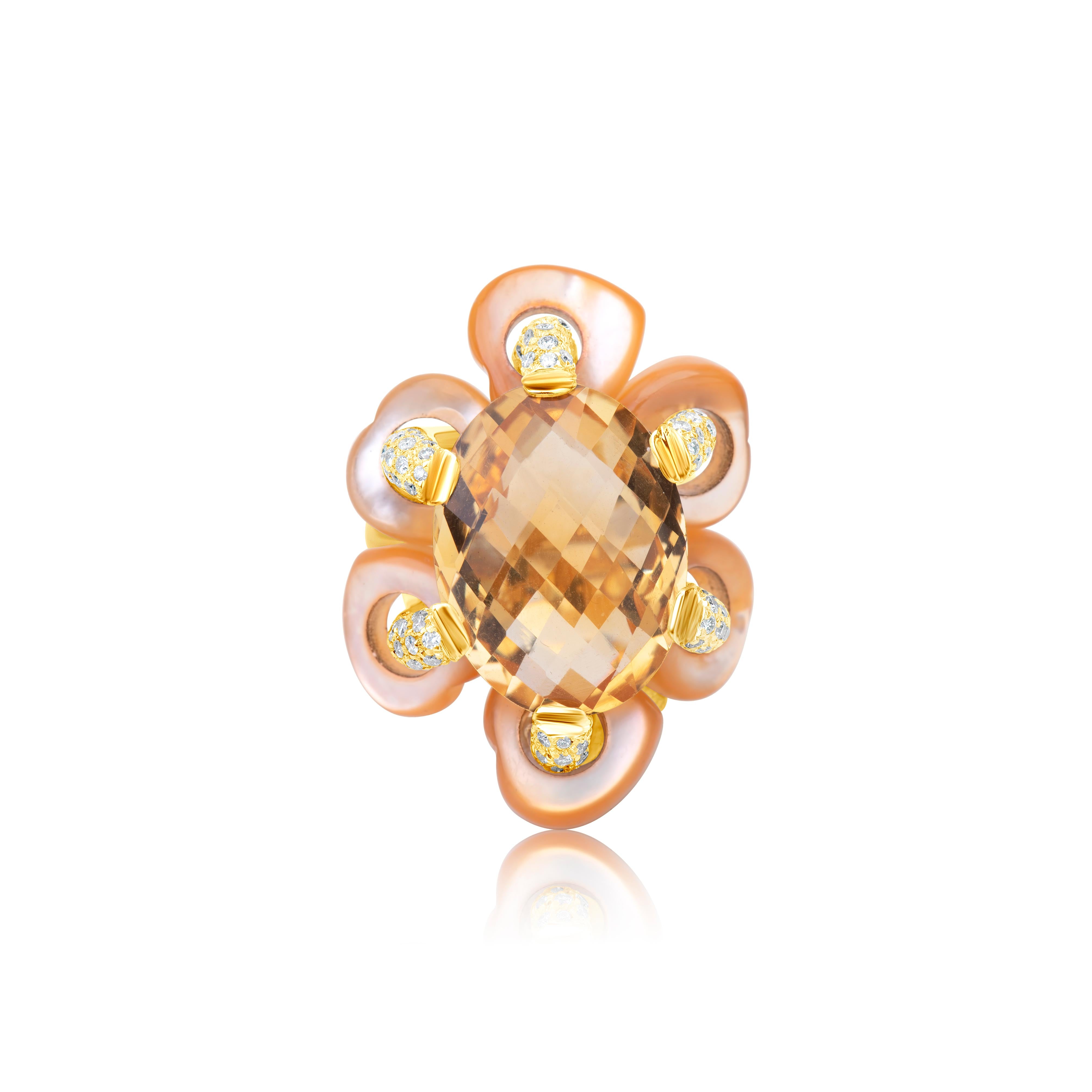 18 karat gold citrine and mother of pearl flower ring by American purveyor of haute joaillerie Andreoli
