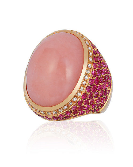18 karat gold Rose Opal, diamond and sapphire ring by American purveyor of haute joaillerie Andreoli