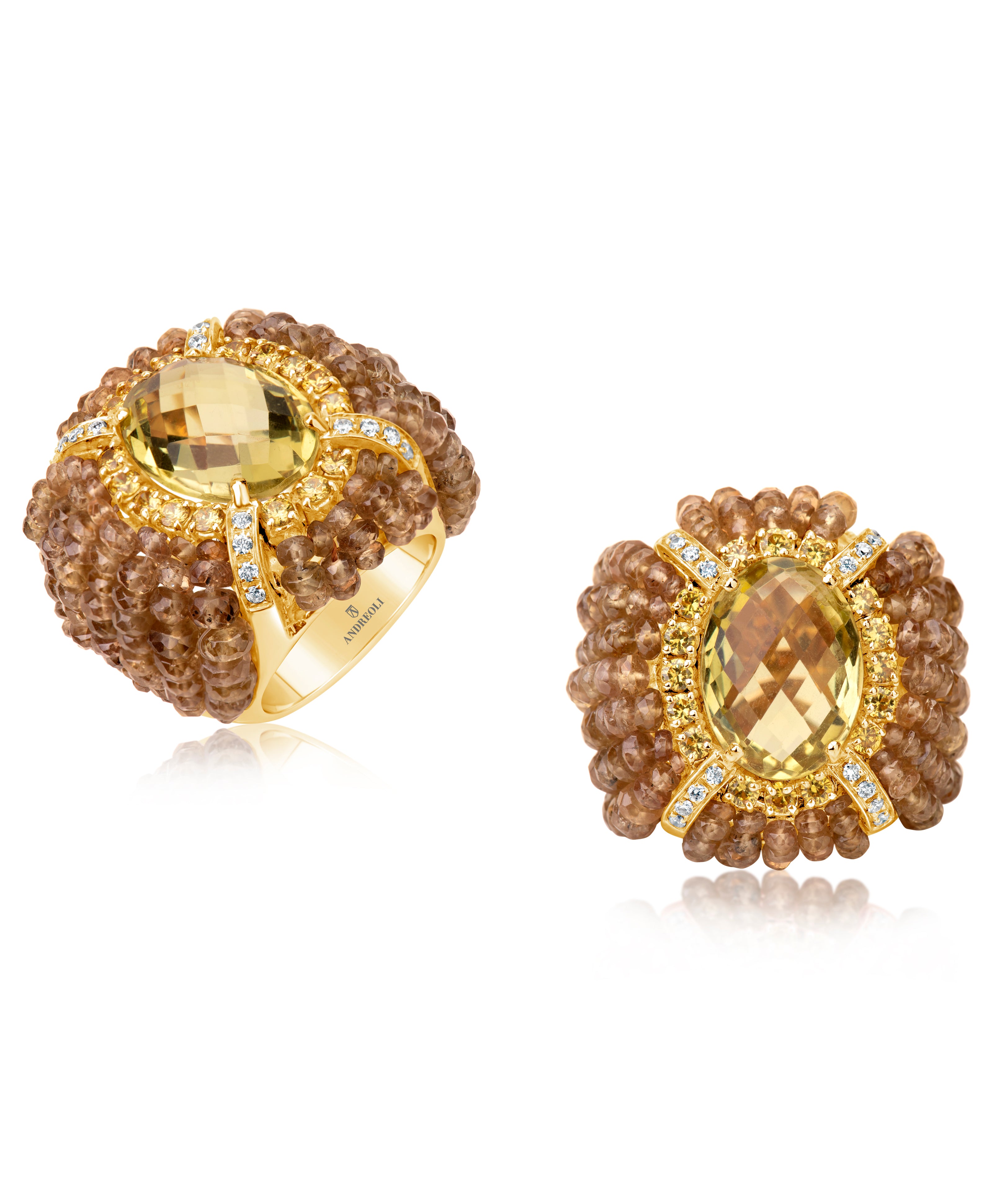 18 karat gold diamond and lemon quartz ring by fine jewelry house Andreoli
