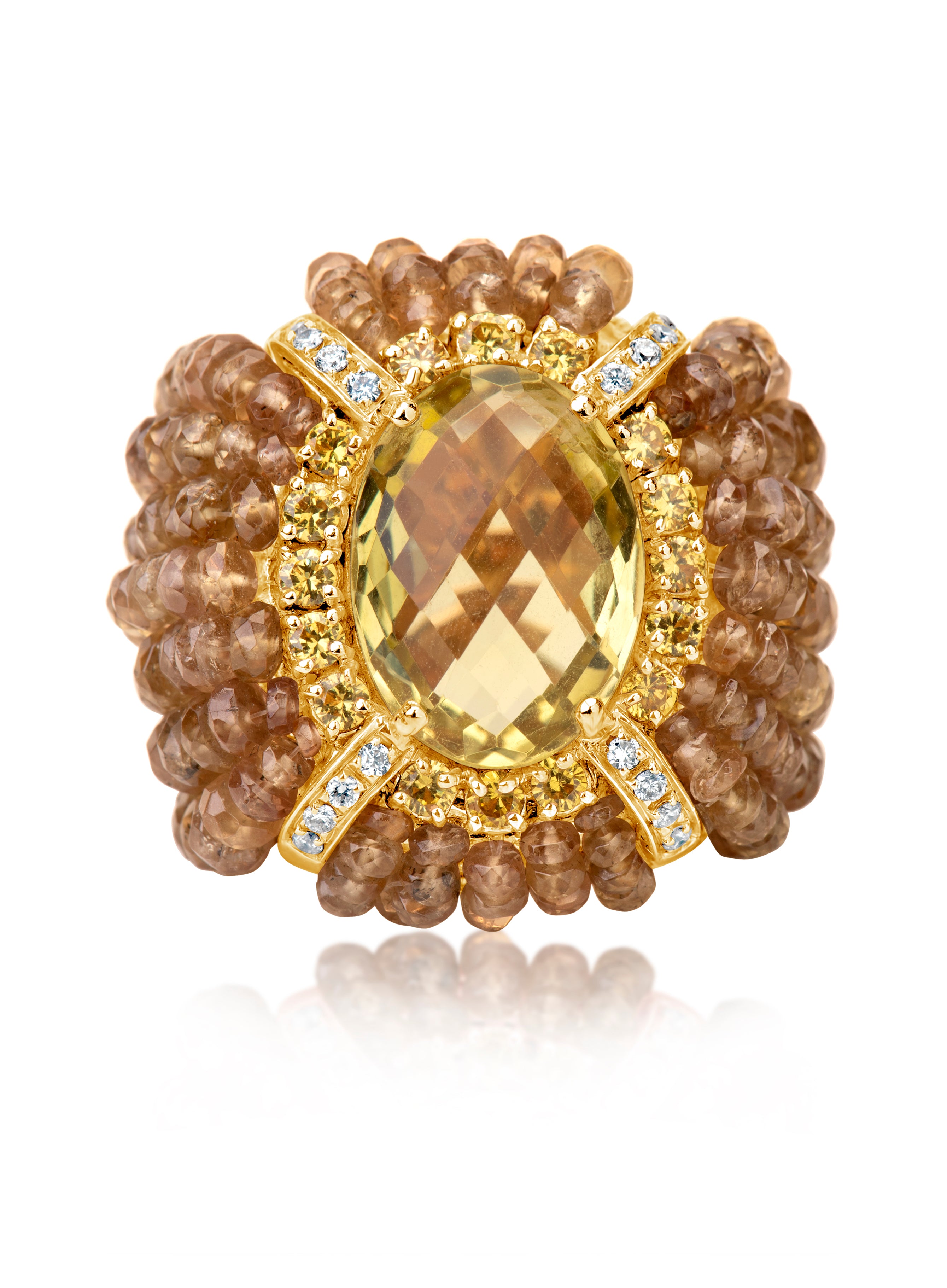 18 karat gold diamond and lemon quartz ring by fine jewelry house Andreoli