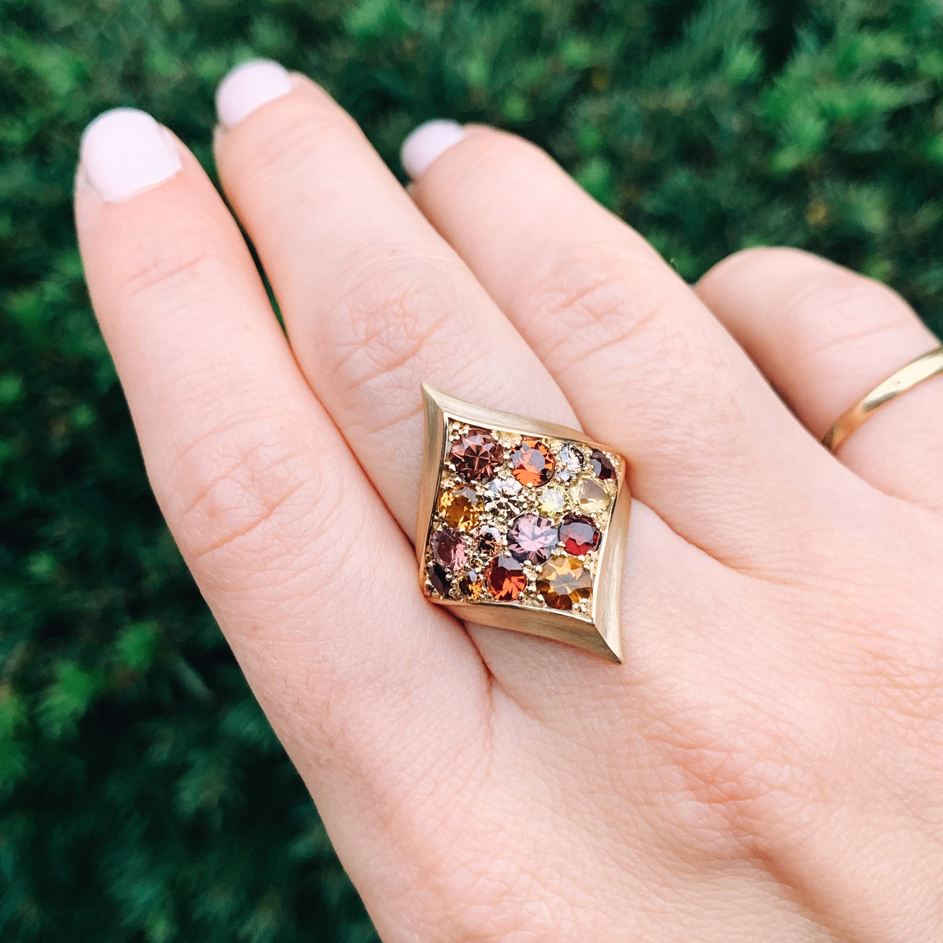 18 karat recycled gold garnet, citrines and diamonds ring by Capucine H. Collectible Design.