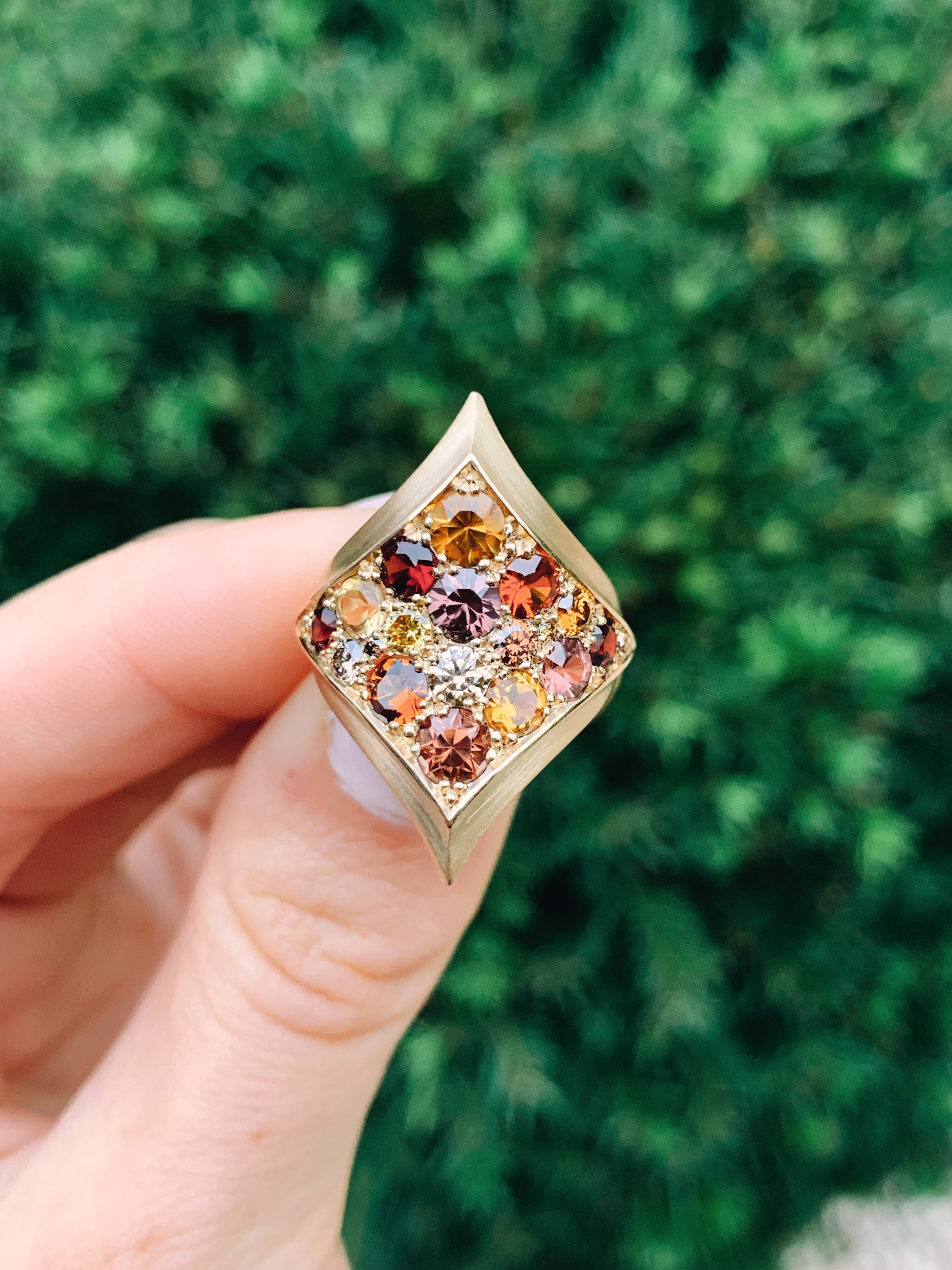 18 karat recycled gold garnet, citrines and diamonds ring by fine jewelry designer Capucine H
