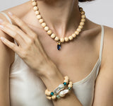 18 karat gold, Sustainable Wood Bead Necklace with Blue color Quartz, by fine jewelry designer Maviada