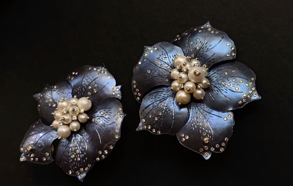 Titanium, Pearl, Diamond Flower Earring by fine jewelry designer ESTAA. A wearable art jewel.