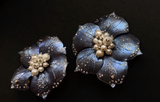 Blue Titanium, Pearl and Diamond Flower Earring in 18 karat gold by fine jewelry designer ESTAA
