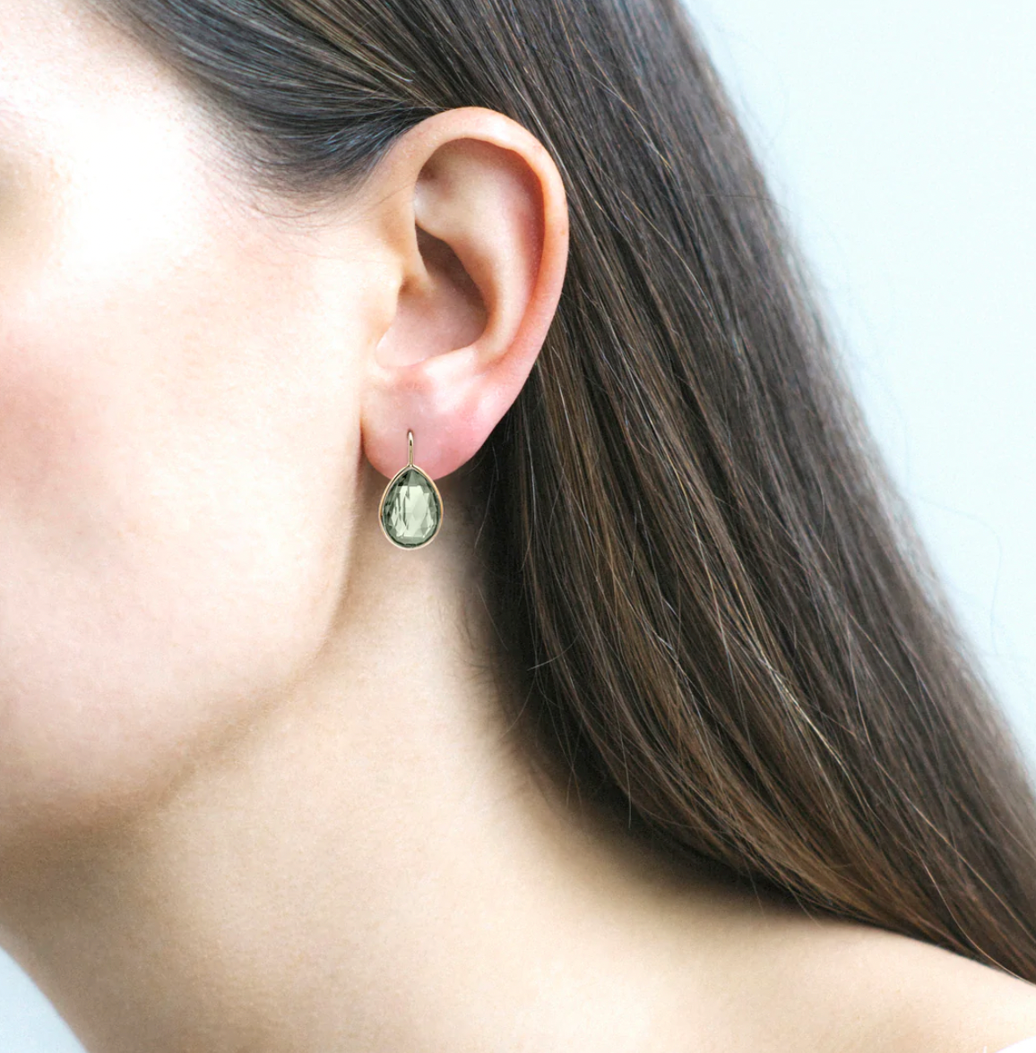 Prasiolite pear shape earrings on wire in 18 karat yellow gold by fine jewelry designer Goshwara