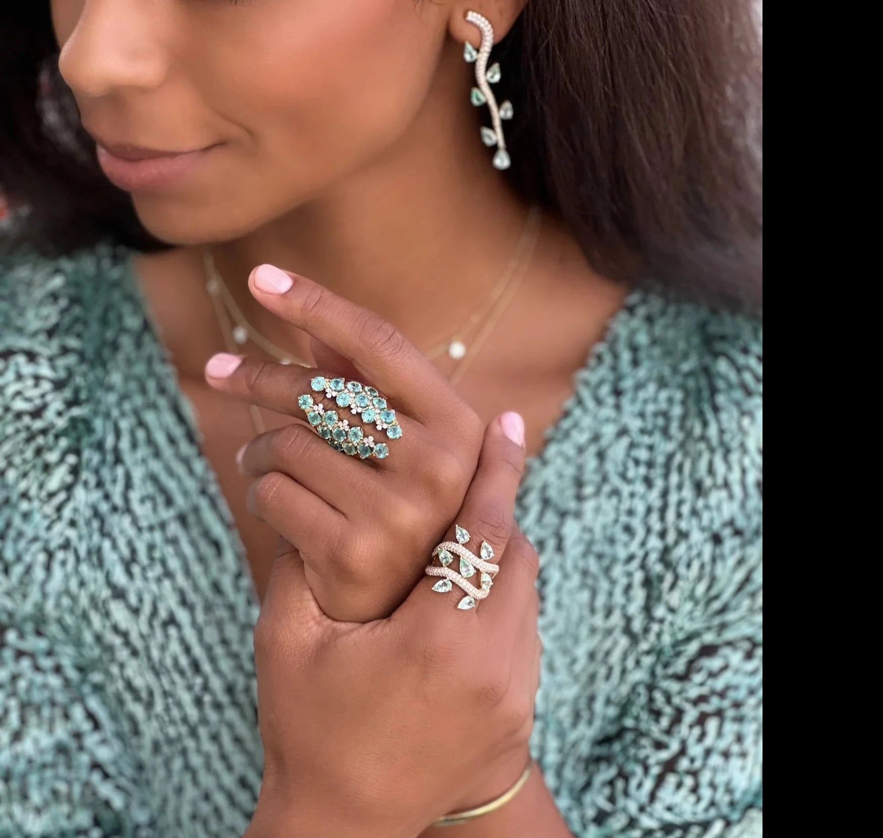 Paraiba Tourmaline and Diamond Vine ring by award winning fine jewelry designer Graziela Gems