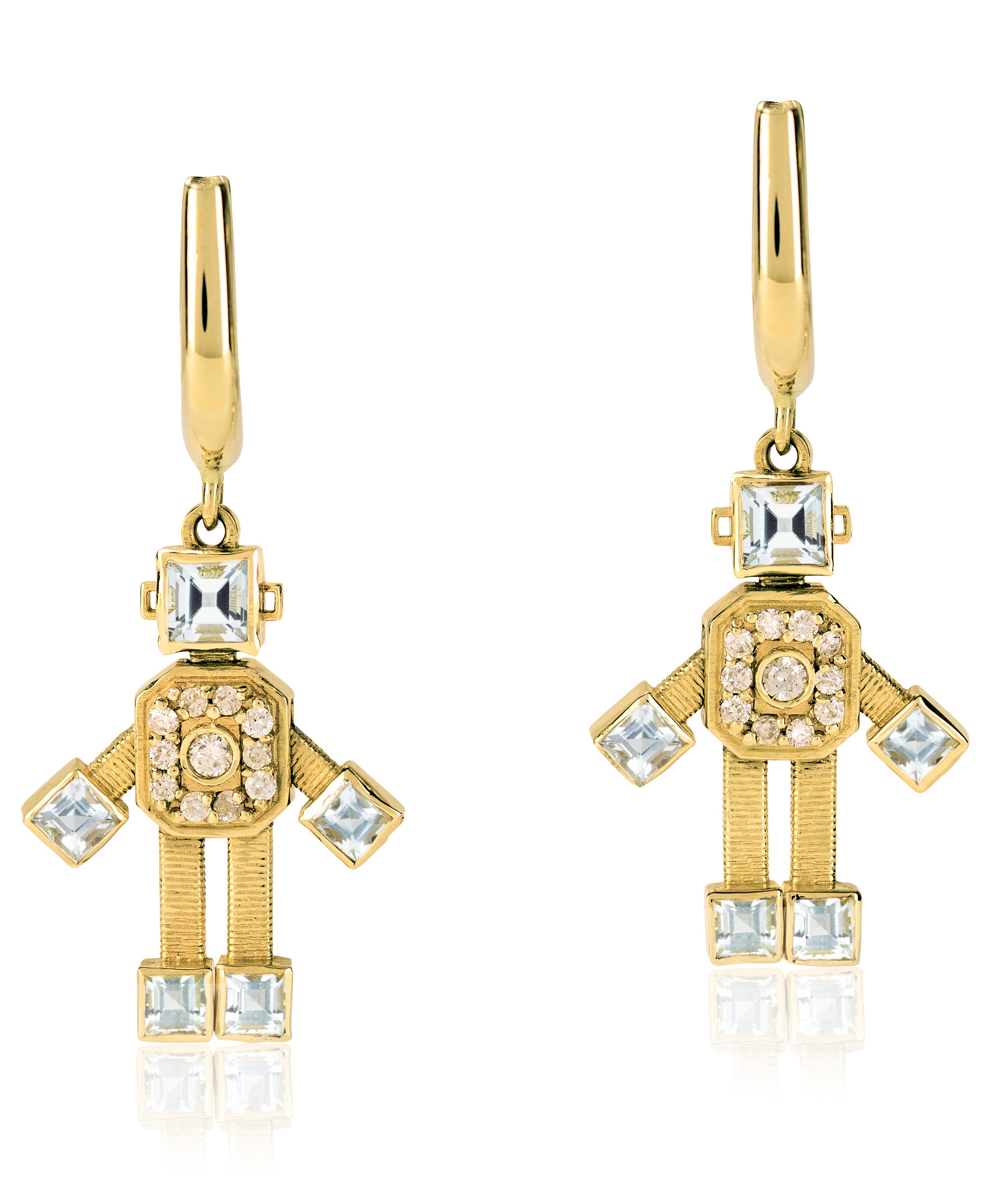 18 karat yellow gold articulated earrings with eclipse hoops, by fine jewelry designer Tatiana Van Lancker