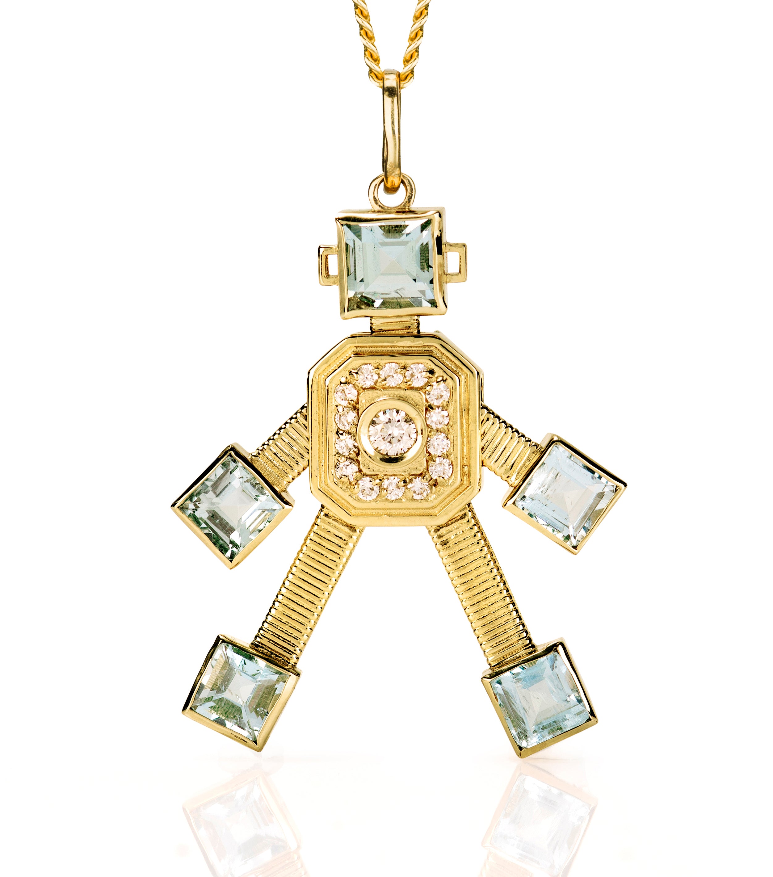 18 karat yellow gold articulated small robot pendant by fine jewelry designer Tatiana Van Lancker