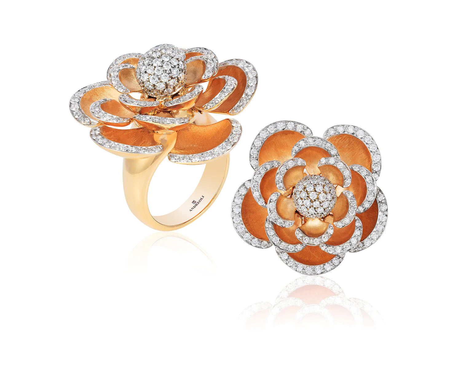 18 karat gold diamond flower ring by American purveyor of haute joaillerie Andreoli